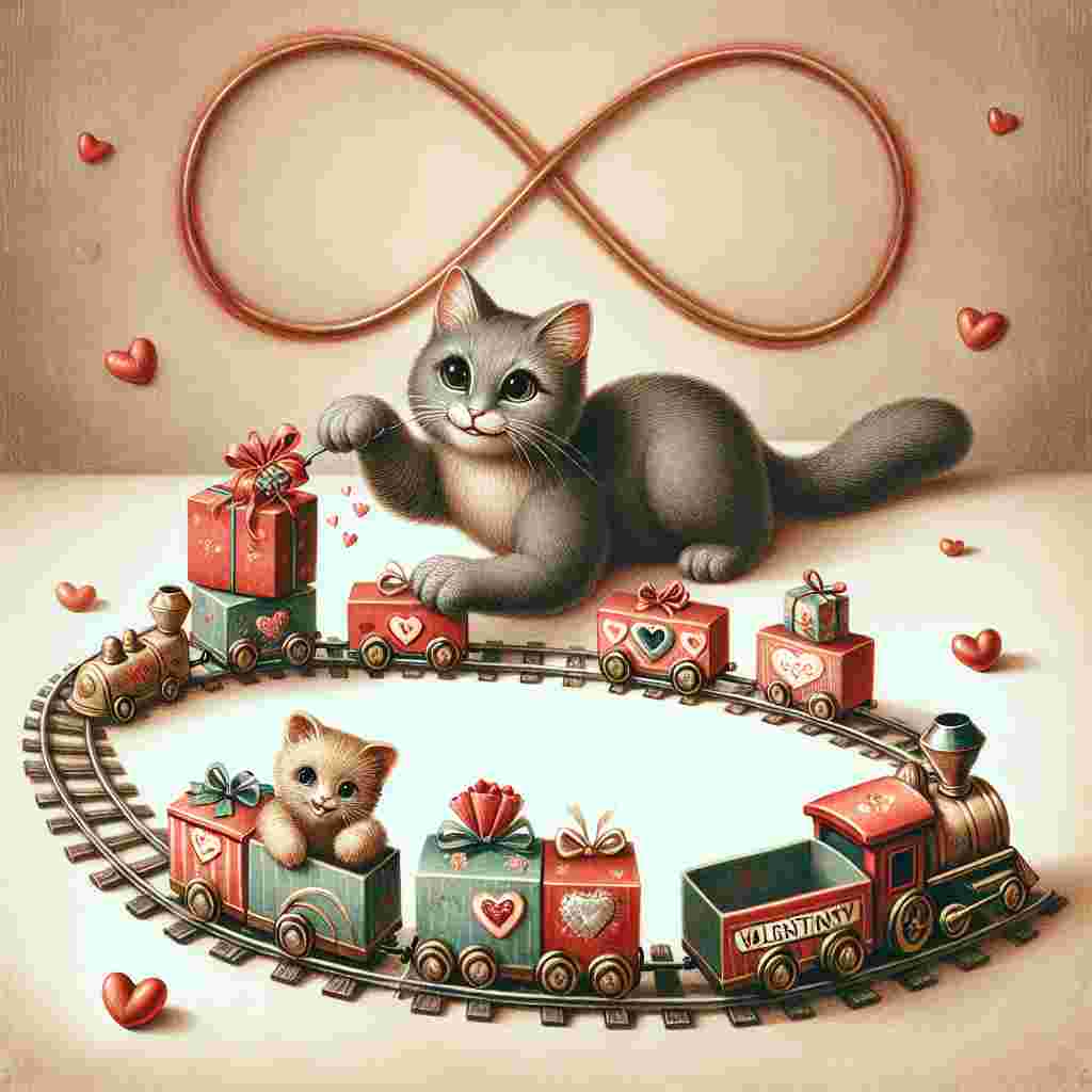 A delightful Valentine's Day illustration showcasing a playful grey cat mischievously pawing at a small toy train. The train proceeds along a track shaped like an infinity symbol, representing enduring love. Each car of the train is adorned with diverse Valentine-themed decorations. This complete scene rests against a warmly toned, softly textured backdrop, emphasizing a snug and romantic ambiance.
Generated with these themes: Grey cat, and Trains.
Made with ❤️ by AI.