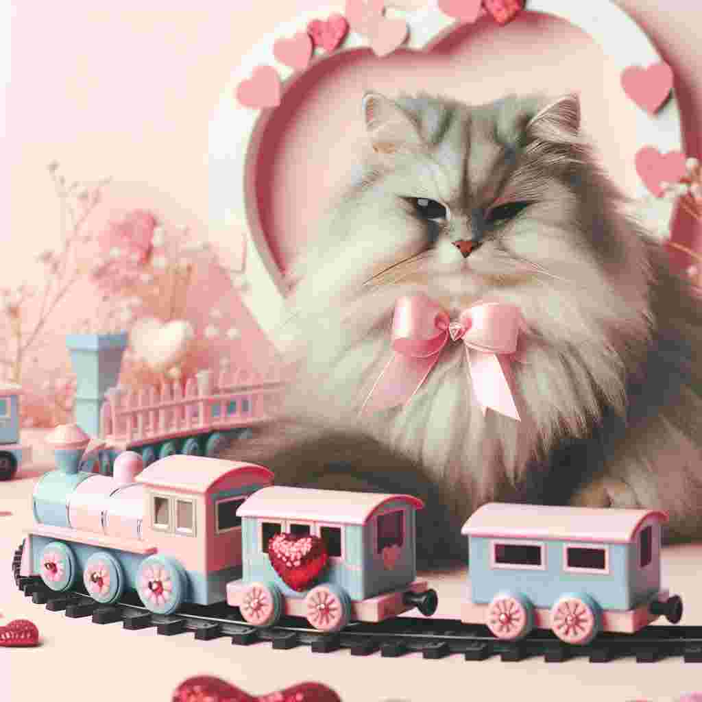 Generate a charming illustration suitable for Valentine's Day. The main character is a fluffy grey cat with a pink ribbon around its neck, sitting contentedly next to a miniature train set. The train track is heart-shaped and situated on a pastel background. The train cars are beautifully decorated with hearts and romantic motifs. The scene is sprinkled with a subtle hint of confetti, adding a festive touch to the overall environment.
Generated with these themes: Grey cat, and Trains.
Made with ❤️ by AI.