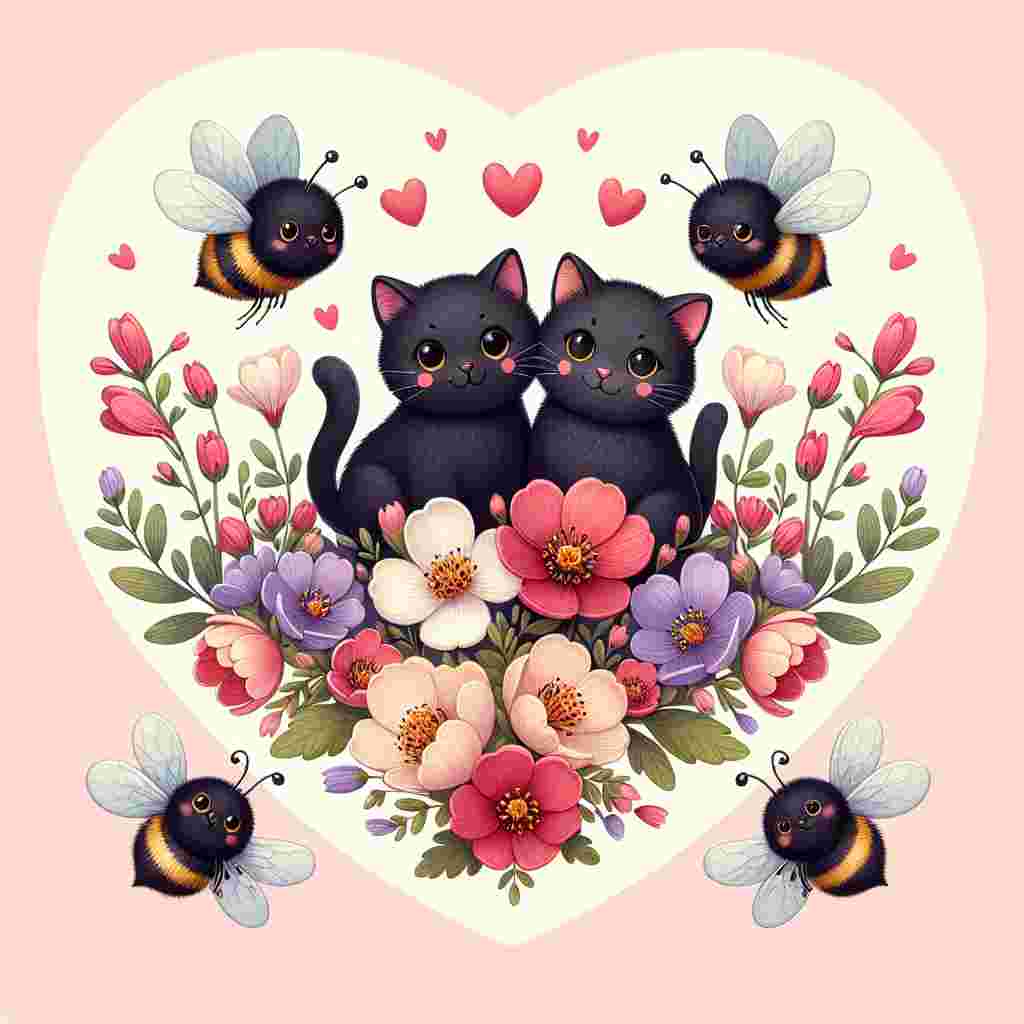 Create a whimsical Valentine's Day image featuring two adorable black cats of varying sizes snugly placed amongst an abundance of blooming Easedale flowers. Around them, envision chubby, amicable bees with wings shaped like hearts, further contributing to the endearing, love-filled ambiance of the scene.
Generated with these themes: Big and small black cats, Bees, and Easedale.
Made with ❤️ by AI.