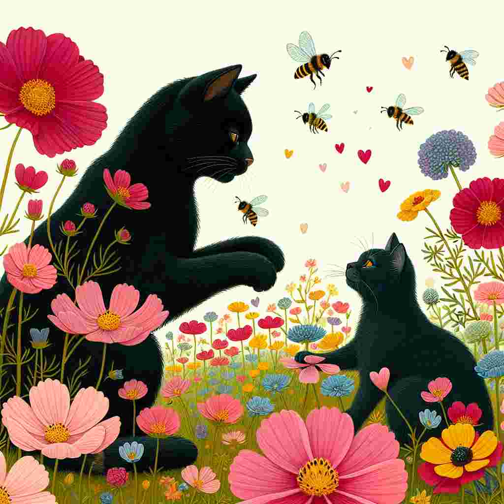 A tender Valentine's Day scenario showcasing the camaraderie between a pair of black felines, one large and the other petite, frolicking in a field bursting with the vivacious colors of Easedale flowers. Tiny bees, distinguished by faint heart-shaped markings on their bodies, hover around, nectar-hunting from one bloom to another, enriching the romantic ambiance of the illustration.
Generated with these themes: Big and small black cats, Bees, and Easedale.
Made with ❤️ by AI.