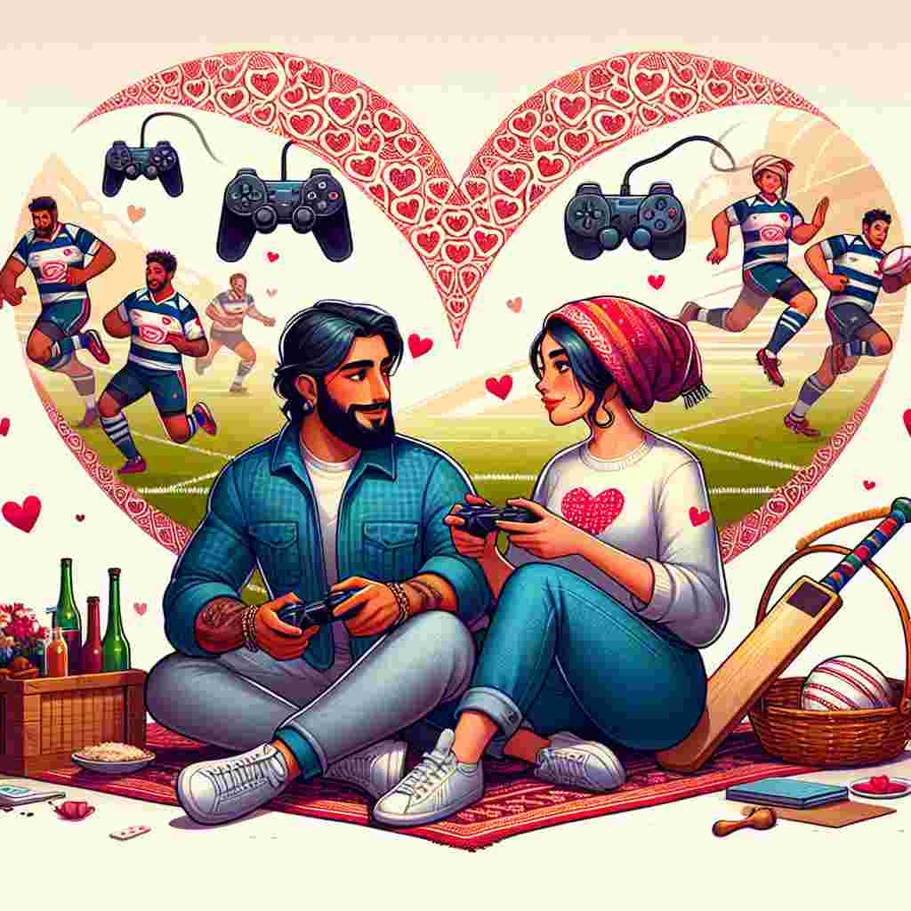 Create an enchanting Valentine's Day illustration that showcases a Middle-Eastern man and a Hispanic woman. They are dressed in high-quality casual attire, exchanging glances in a romantic getaway. The background features a range of people engaged in a rugby match, dressed in jerseys adorned with heart-themed patterns. To the side, a cozy picnic scene is set up with a cricket bat and ball, symbolizing their love for playful duels. Floating above this scene is a banner with a pattern resembling video game controllers, showcasing their shared love for gaming, as well as their love for each other.
Generated with these themes: Ralph Laurent, Rugby , Cricket , and Xbox.
Made with ❤️ by AI.
