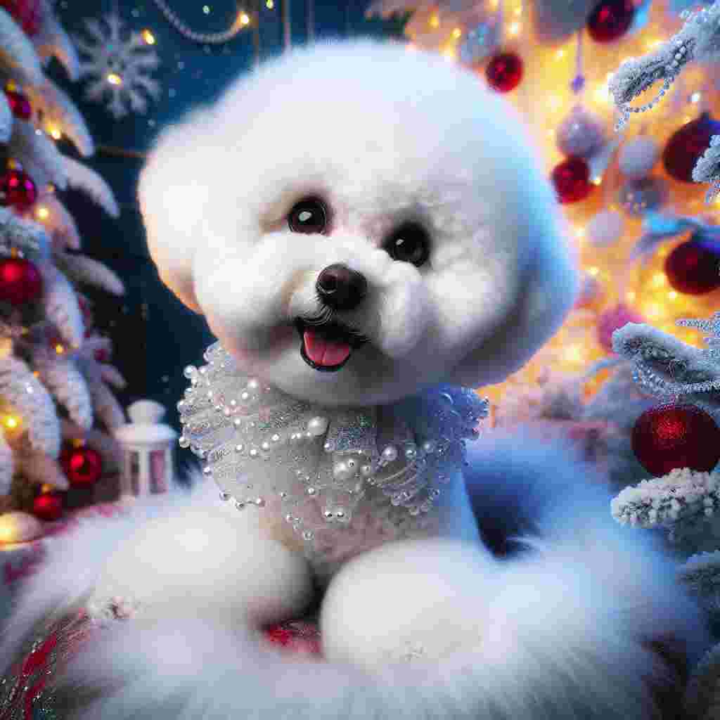 Focus on the heart of a cozy, animated Yuletide configuration, where a grown-up Bichon Frise canine is situated displaying a delighted demeanor. The appearance of the dog's spotless white fur is magnificent, perfectly puffing out, creating a notable contrast with its deep chocolate-colored eyes gleaming with holiday enthusiasm. The dog is encompassed by a vivid array of holiday adornments, an opulently ornamented Christmas tree illuminating the scene, and delicate snowflakes descending gracefully through a frosty glass window.
.
Made with ❤️ by AI.