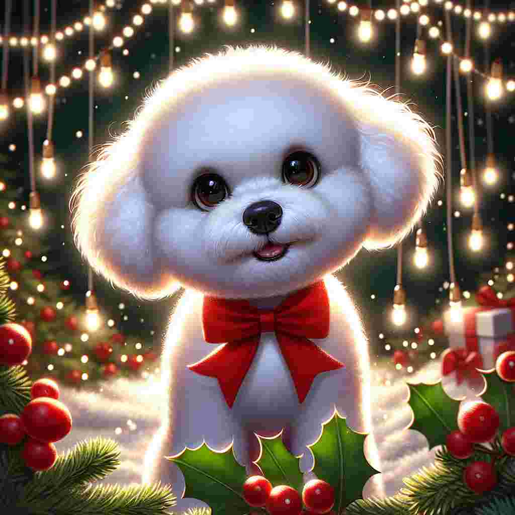 Generate an animated Christmas scene encapsulating the quintessential holiday spirit. The centerpiece of the setting is a fluffy Bichon Frise, boasting a pristine white coat analogous to fresh snow. Its dark brown eyes radiate joy and liveliness, perfectly embodying the excitement of the festive season. The dog is festooned with a vivid red bow collar, which pairs wonderfully with the scattered green holly leaves adding a touch of Yuletide tradition. Lending a magical luminescence to the backdrop is a string of softly glowing Christmas lights, illuminating the cartoonish milieu in a warm and inviting manner.
.
Made with ❤️ by AI.