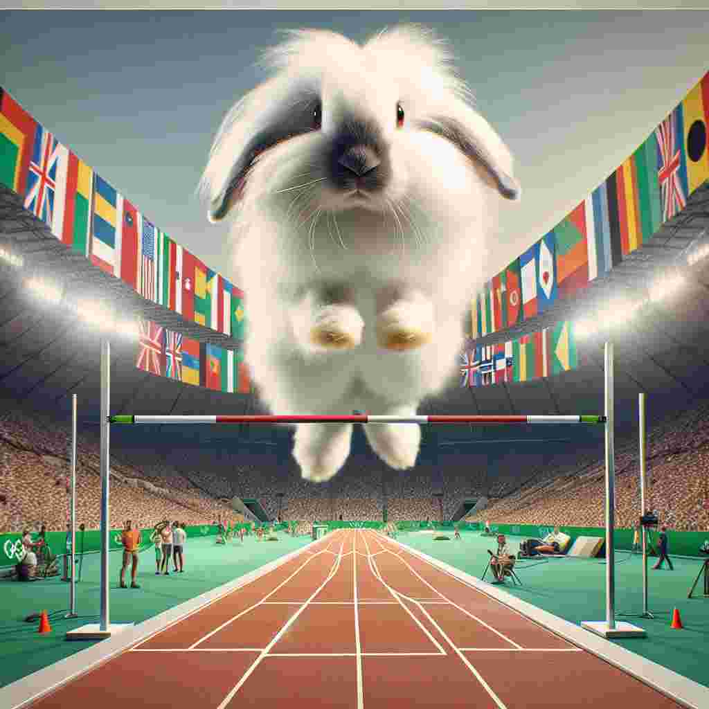 Imagine a surreal and dreamlike picture. Centered in it is a White Himalayan rabbit. Its vibrant black nose stands in contrast with its snowy white fur. Amazingly, this rabbit isn't stationary, it's mid-air. It is leaping over a tremendously high obstacle, a high jump bar. And the setting isn't an ordinary one, it's depicted as the Olympic Games. Spectators, stands, and flags of different countries make up the background, setting the tone for a momentous event. This image is a tribute to you, symbolizing your significant achievement and echoing the spirit of triumphant victory mirrored by the high-jump of the rabbit.
Generated with these themes: White Himalayan rabbit with black nose, Doing high jump, and Olympic games.
Made with ❤️ by AI.