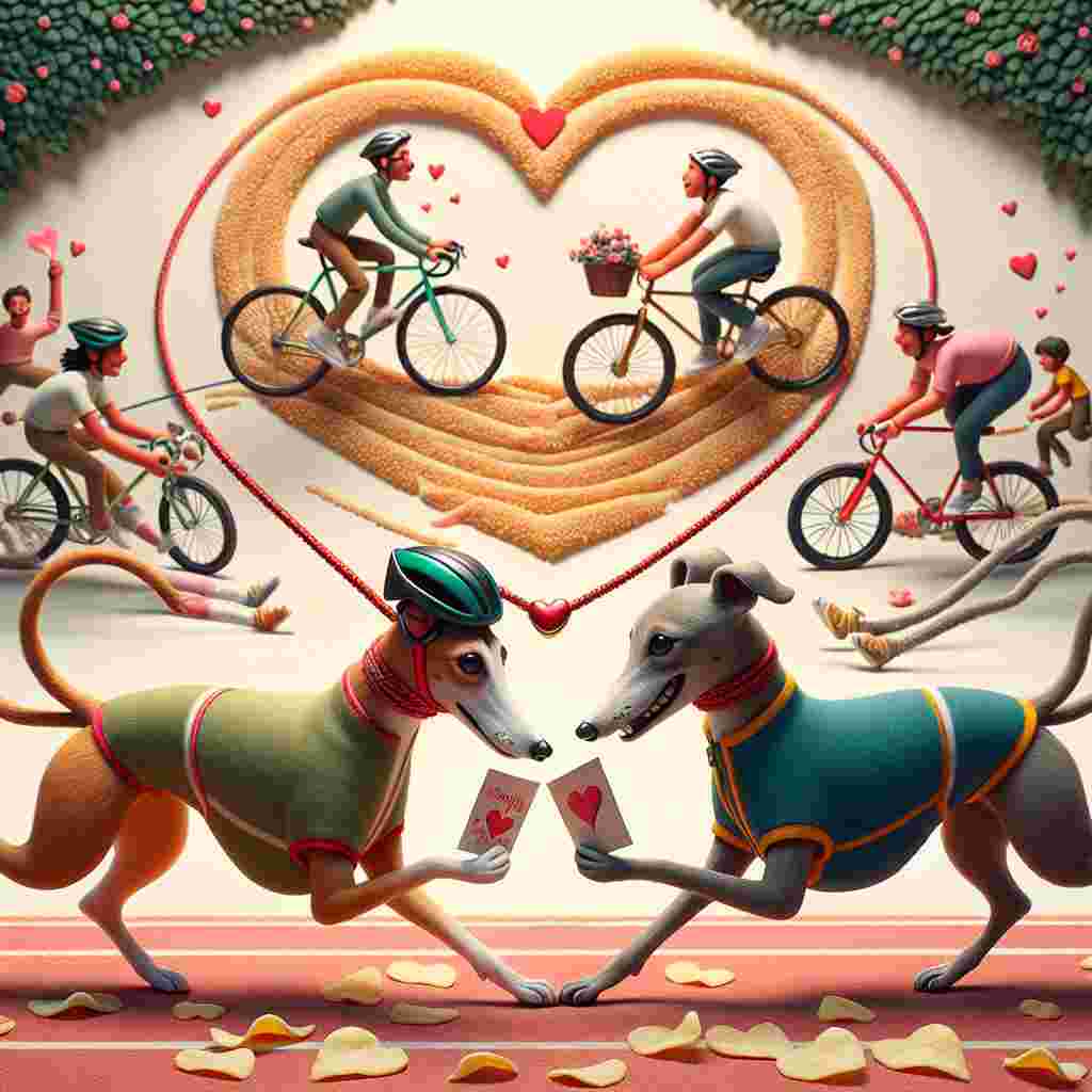 In this heartwarming Valentine's scene, two enamored whippets wearing miniature helmets are depicted exchanging heartfelt cards in the aftermath of their playful sprint, their sport-themed leashes intermeshed. Behind them, an amorous bike track serves as the engaging backdrop, where pairs of diverse descent and gender, are jovially running and cycling on bicycles adorned with festive heart designs. Scattered potato chips on the ground leave a path towards a comfortable picnic spot, hidden beneath a beautiful canopy of foliage formed into the shape of hearts.
Generated with these themes: Whippets, Nfl, Cycling, Running, and Crisps.
Made with ❤️ by AI.