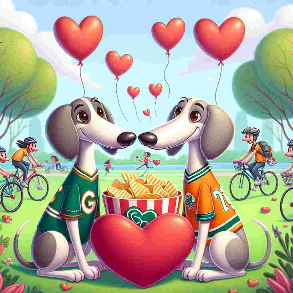 Create a delightful image for Valentine's Day, capturing a charming and whimsical cartoon scene. It features a pair of endearing whippets, each one dressed in a sports jersey associated with their favorite teams from a professional American football league. They share a heart-shaped basket brimming with crisps. The backdrop includes a park thrumming with life and love, inhabited by various couples either cycling or running together. In the air, heart-shaped balloons whimsically float, while on the ground, the tire tracks from the bicycles trace out intertwined hearts. This lively park scene sets a romantic tone for this special day.
Generated with these themes: Whippets, Nfl, Cycling, Running, and Crisps.
Made with ❤️ by AI.