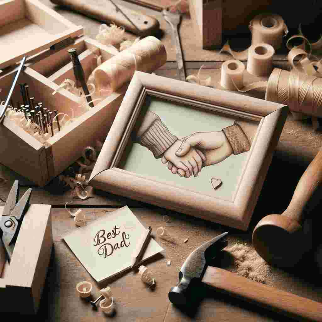 Illustrate an image that exudes charm, focusing on a workbench that is neatly organized with a diverse selection of woodworking tools, which include a hammer, nails, and residue of wood shavings. The implication is that a project is currently in progress. A small wooden picture frame positioned in the foreground captures our attention. Inside this frame, there's a tender drawing of two hands clasped together, accompanied by the words 'Best Dad', purposefully etched below. The overall scene, enhanced by the soft hues of pastel colors, skillfully communicates a Father's Day theme via the conduit of a child's handcrafted present.
Generated with these themes: DIY.
Made with ❤️ by AI.