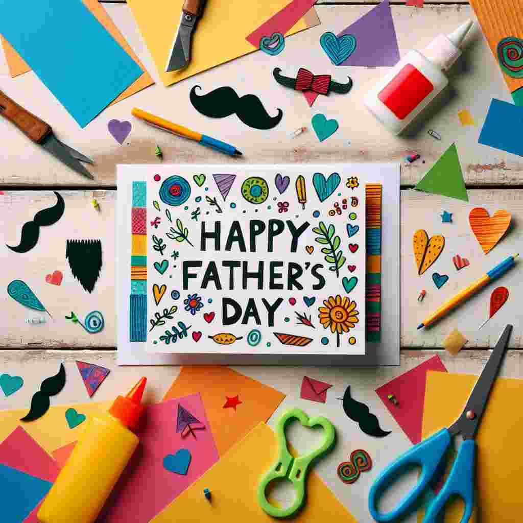 Create an image of a playful and colourful child's craft table. Scattered across the table are pieces of vibrant construction paper, a glue bottle, and safety scissors. The center of the table hosts a handmade card with a heartwarming 'Happy Father's Day' message written in a childlike script. Decorative elements like artfully sketched ties, mustaches, and various tool shapes embellish the card. This image is meant to symbolize a warm, do-it-yourself theme, without the direct depiction of a father figure.
Generated with these themes: DIY.
Made with ❤️ by AI.