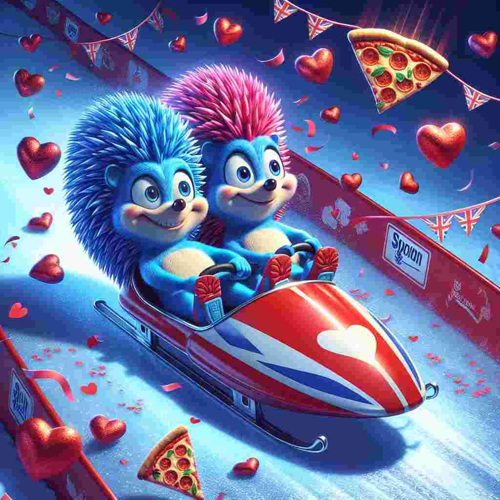 A vibrant Valentine's Day scene portrays two anthropomorphic hedgehogs - one of bright blue hue with an optimistic demeanor, the other a darker variant with a serious expression. They are seated on a dual-seater luge, zipping down a track embellished with motifs of hearts and pizzas. Trails of crimson confetti and pennants from a prominent British soccer team flutter in their wake, casting endearing heart-shaped shadows on the glistening ice.
Generated with these themes: Sonic hedgehog , Shadow hedgehog , Pizza, Liverpool, and Luge.
Made with ❤️ by AI.