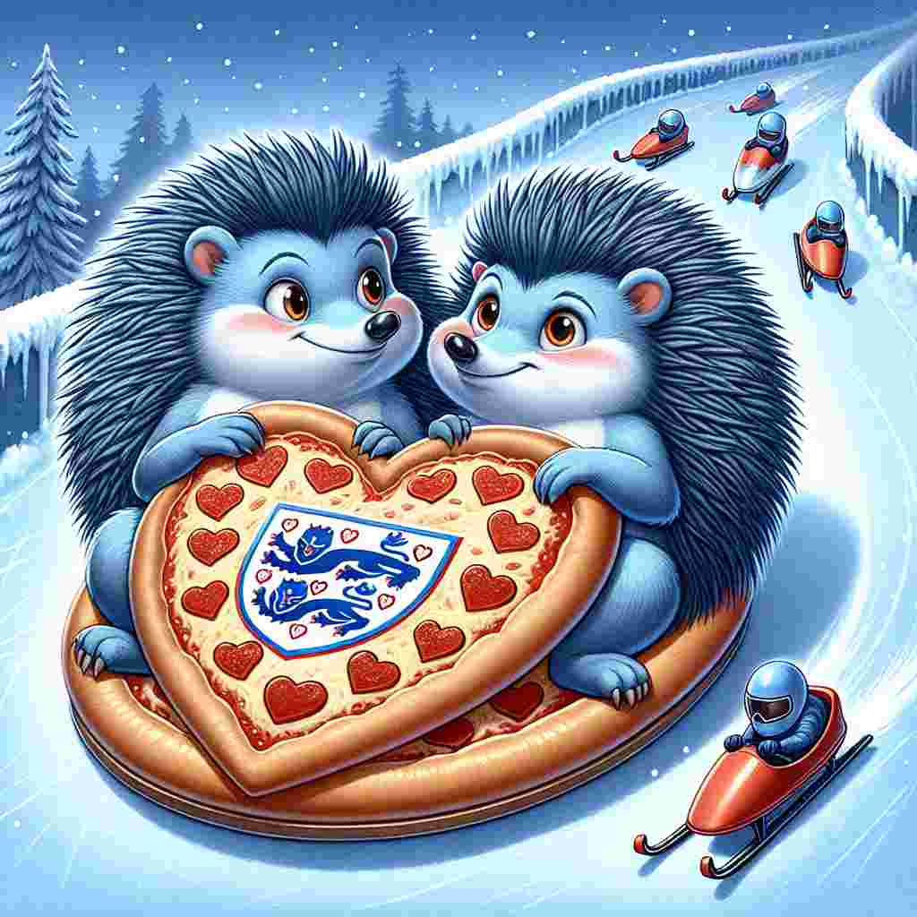 A delightful Valentine's Day illustration featuring two anthropomorphic hedgehogs, one azure with speedy prickles and the other a darker shade with edgy quills, collectively sharing a large heart-shaped pizza adorned with the emblem of a well-known soccer team from England. Their quills subtly intertwine, symbolizing friendship and affection. In the backdrop, a frosty luge track meanders, with miniature sleds etched into its icy path, adding a hint of winter excitement in the scene.
Generated with these themes: Sonic hedgehog , Shadow hedgehog , Pizza, Liverpool, and Luge.
Made with ❤️ by AI.