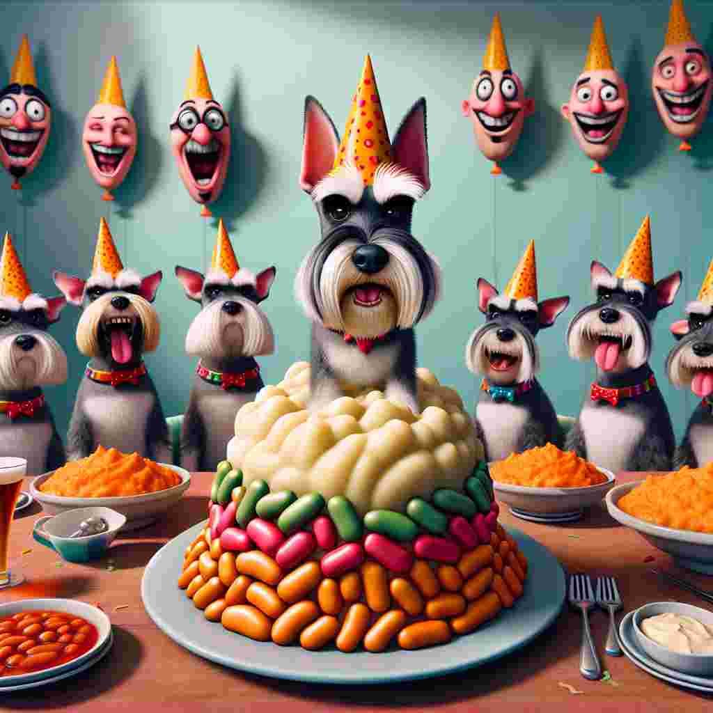 Create an image that portrays a fun-filled cartoon birthday celebration. The party attendees are a group of miniature schnauzers, all sporting whimsical pointed party hats. Their focus is fixed on a humorously designed food-themed table. At the heart of this table is a creative cake, cunningly resembling a pile of creamy mash potatoes, garnished on the top with vibrant and playful baked beans made entirely of icing. The atmosphere, heavy with the echoes of joyous laughter, is accentuated by silly-faced balloon caricatures floating above the merry scene.
Generated with these themes: Baked beans, Mash potato , and Miniature schnauzer .
Made with ❤️ by AI.