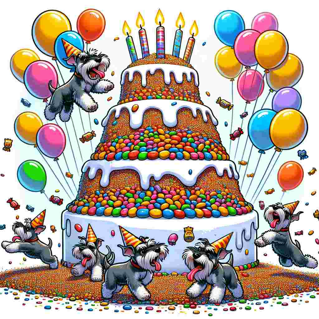 Create an amusing cartoon illustration of a birthday celebration. The centerpiece of the party is a whimsically designed birthday cake that takes the shape of an enormous pile of mashed potatoes, humorously embellished with tiny, colorful candy made to resemble baked beans cascading down the sides. Several miniature schnauzers infuse the scene with playfulness, scampering rythmically, with party hats perched on their heads, their tongues out in delight and tails wagging energetically. The air is filled with floating balloons, some of which have been amusingly decorated with cartoon faces that mirror the jubilant expressions of unseen guests immersed in an unconventional, yet joyous birthday revelry.
Generated with these themes: Baked beans, Mash potato , and Miniature schnauzer .
Made with ❤️ by AI.