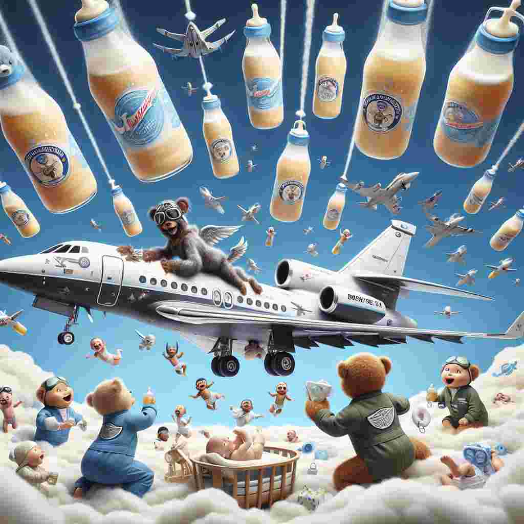 In an imaginative nursery sky, bottles of frothy brew form a jovial constellation around an impressive Falcon 900LX, its wings enfolded in delicate clouds like a newborn in a cradle. Amidst the flying marvel, babies of mixed descents wearing petite pilot goggles and jumpsuits romp around, each flaunting tiny fictitious air squadron badges. The plane's fuselage is adorned with a banner that proclaims, 'Welcome to the Squadron!' as teddy bears in flight attendant outfits parachute in with diapers and pacifiers, crystalising a scene of joyous celebration for the arrival of a new little aviator.
Generated with these themes: Beer, Falcon 900Lx, Babies , and Royal airforce .
Made with ❤️ by AI.