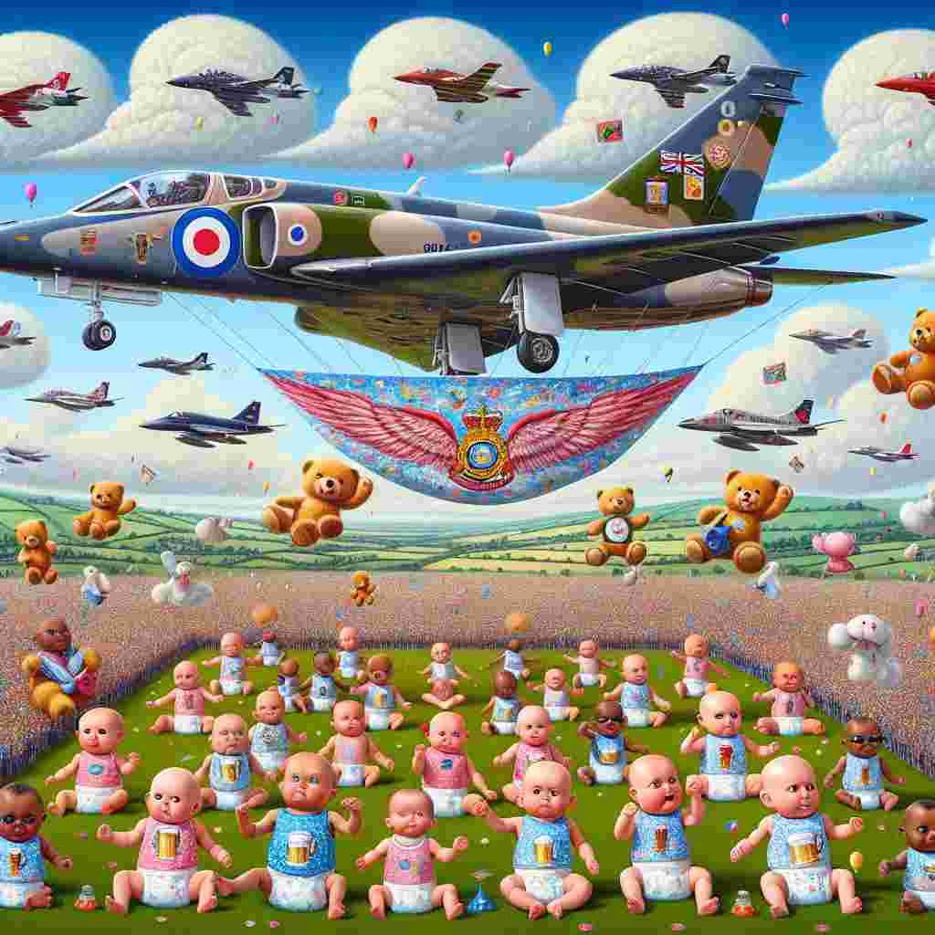 A vivid, charming tableau unfolds under a bright blue sky where a significant Falcon 900Lx soars, trailing a large banner embellished with images of diapers and the insignia of an esteemed aviation squadron, signifying the addition of a new, pint-sized member. Below this, an assembly of infants of varying descent and both genders, adorned in bibs showcasing vibrant prints of beer mugs, navigate their own miniature aircraft. In unison, they perform an aerial display above a sprawling field where a multitude of teddy bears, garbed as air traffic controllers, manage the traffic with baby rattles. The air is filled with laughter reverberating from fluffy, cotton candy clouds, underscoring a merry homage to the newest, smallest recruit of the flying unit.
Generated with these themes: Beer, Falcon 900Lx, Babies , and Royal airforce .
Made with ❤️ by AI.