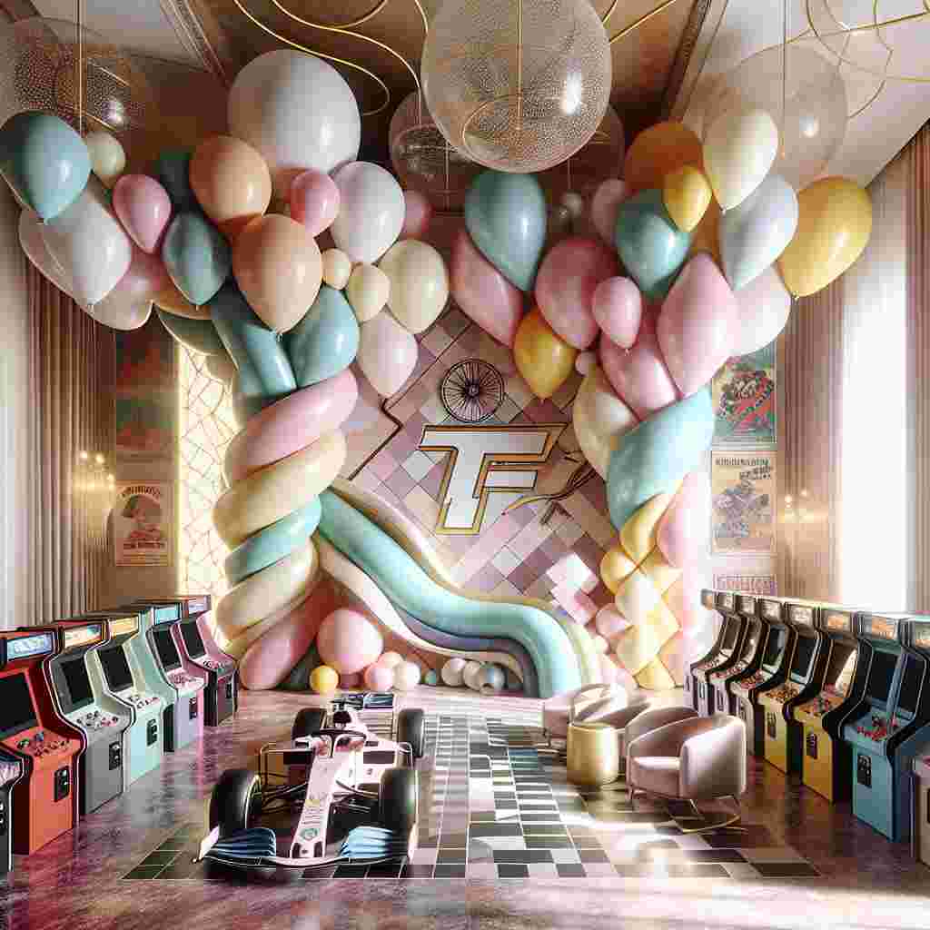 Envision an exquisite birthday setting filled with imagination and joyful abstract elements. Picture monumental geometric balloons adorning the scene in delicate pastel colors, giving an air of whimsical charm. The room is dominated by a creatively stylized F1 racing track winding its way through an array of vintage arcade games. These nostalgic gaming cabinets add a retro touch to the atmosphere. Additionally, visualize plush cinema seats, comfortably arranged for guests to enjoy the visual spectacle. Retro film posters transformed into abstract art pieces adorn the walls, enhancing the festive gaming cinema ambiance of the celebration.
Generated with these themes: F1 gaming cinema.
Made with ❤️ by AI.