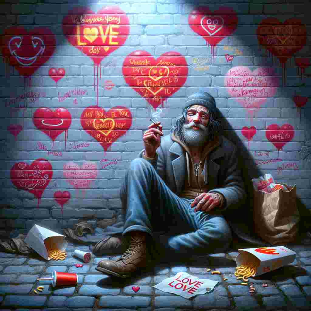 This Valentine's Day scene unravels in a spellbinding urban alley where graffiti hearts converse about love and intrigue. Amidst the jovial sketches, a lovestruck homeless man with a Middle-Eastern descent nonchalantly rests against a brick wall, a rolled-up cigarette dangling from his lips, and a sly glimmer in his eyes. A fast-food restaurant napkin peeps out from his pocket, inscribed with intriguing love codes, adding an unexpected enigmatic dimension to this day of romance.
Generated with these themes: Conspiracy theories , Weed, Bum, and Mcdonald’s .
Made with ❤️ by AI.