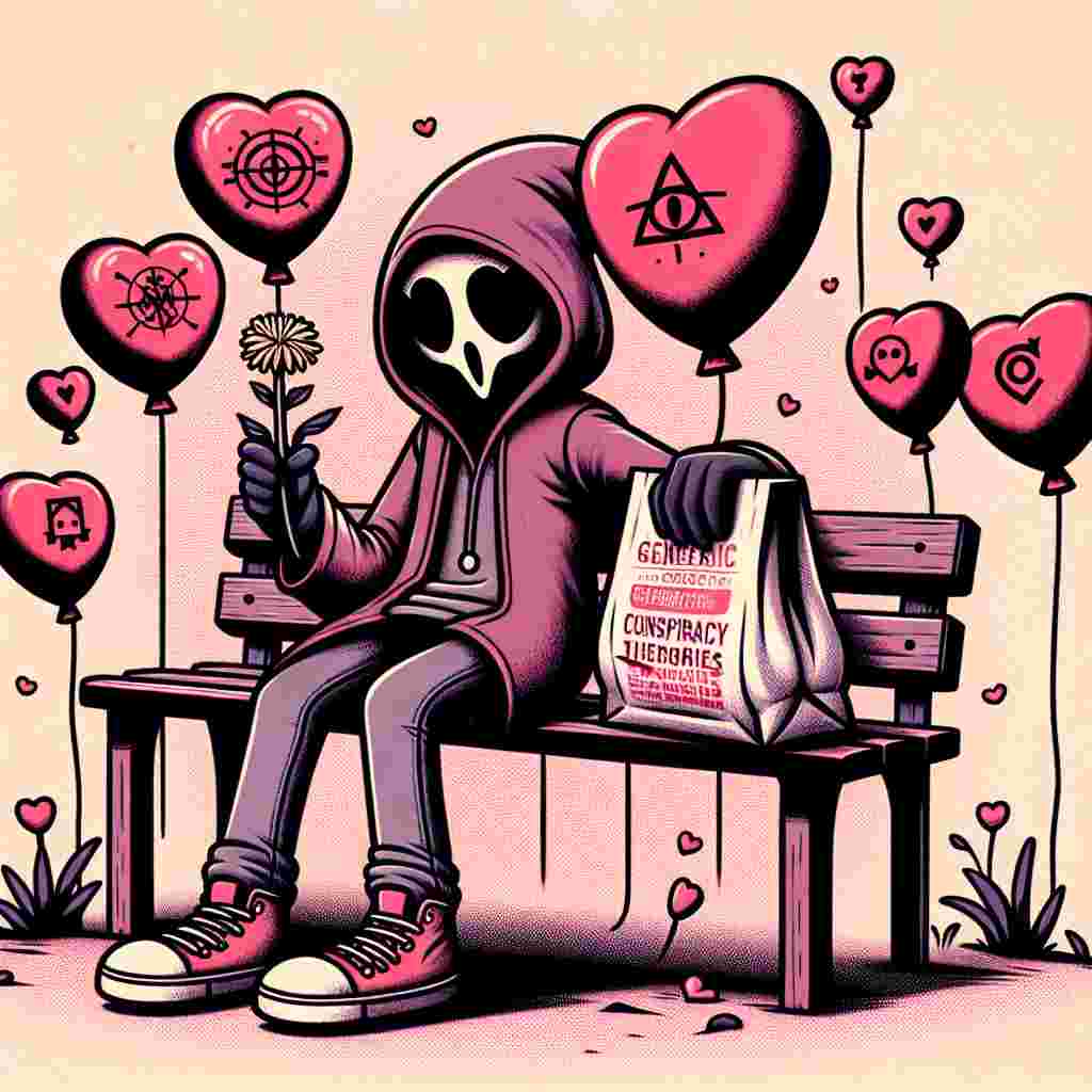 Create a whimsical Valentine's Day illustration featuring a mysterious character, with the vibe of a charming vagabond, sitting on a park bench. This character is surrounded by heart-shaped balloons with cryptic symbols suggesting conspiracy theories. He's delicately holding a dandelion flower in one hand, while in the other, he grasps a slightly crumpled generic fast food takeout bag that emits cartoonish heart shapes, creating a fusion between fast food romance and urban fairy tale aesthetics.
Generated with these themes: Conspiracy theories , Weed, Bum, and Mcdonald’s .
Made with ❤️ by AI.