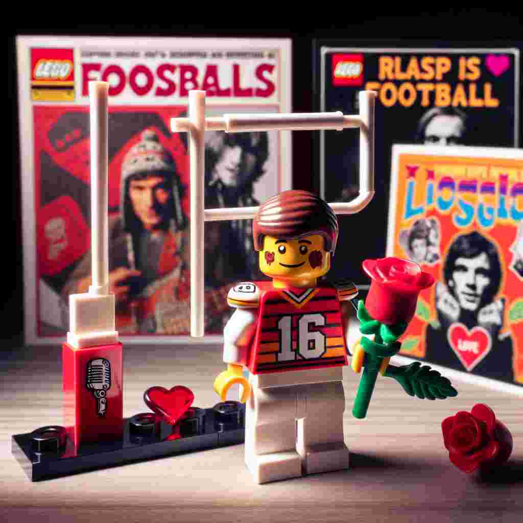 Create an image where an endearing LEGO character, possessing a larger-than-usual head and clothed in a football uniform mirroring the style and color scheme of renowned football teams, stands firmly while holding a red rose. The setting contains album covers reminiscent of classic rock bands, adorned with symbols and items associated with Valentine's Day. A unique LEGO goalpost showcases loving statements. Positive, musical notes suggestive of a vibrant rock song fill the environment, amplifying the scene's romantic atmosphere.
Generated with these themes: manchested United football, lego, Adidas, Stone Roses.
Made with ❤️ by AI.