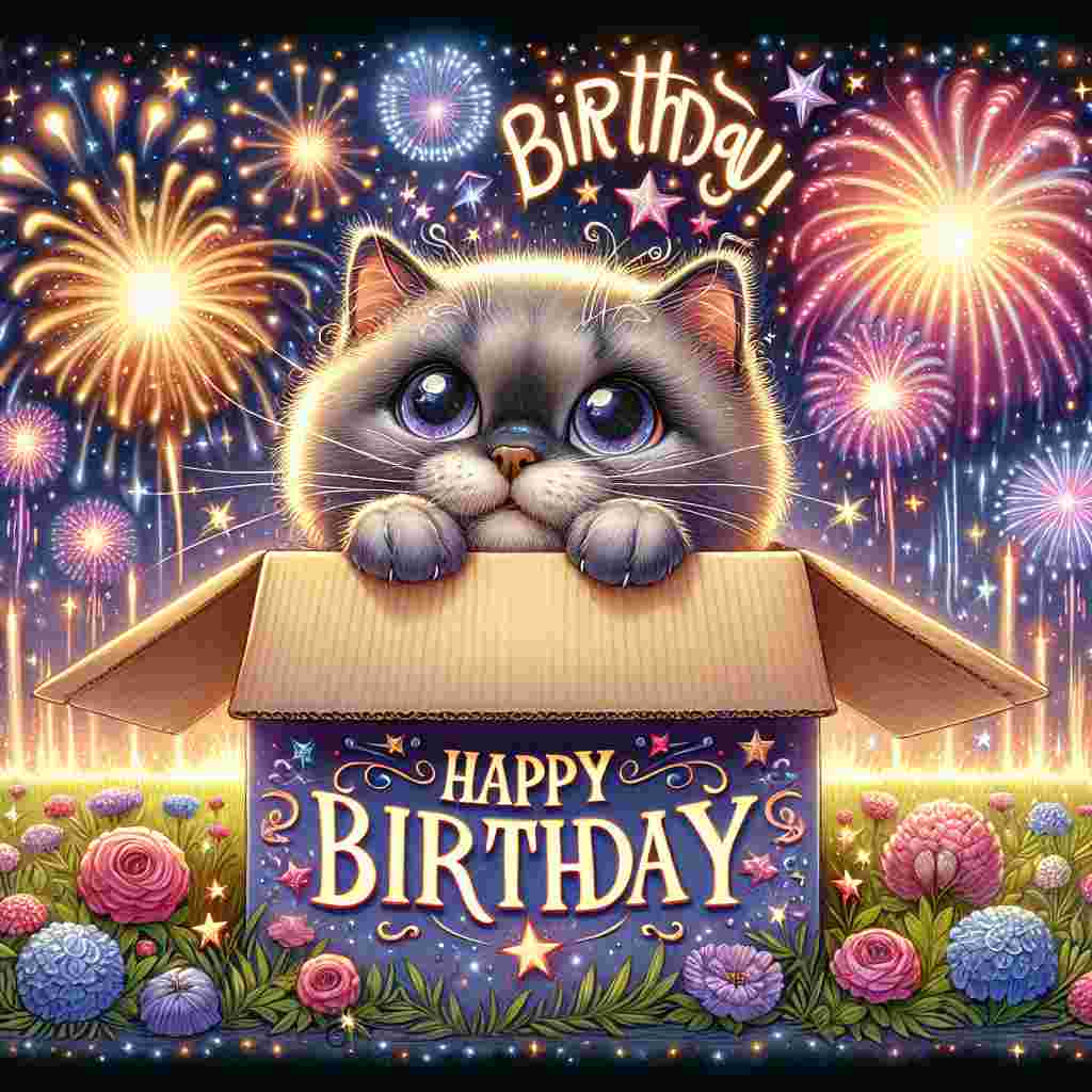 An endearing illustration sets the scene for a birthday celebration with a Manx cat nestled in a box, peering out with wide, curious eyes. Bursts of fireworks and twinkling lights fill the backdrop, and 'Manx Birthday Cards' is whimsically spelled out along the lower edge of the card. In the sky above, the joyous phrase 'Happy Birthday' shines brightly, capturing the festive mood.
Generated with these themes: Manx Birthday Cards.
Made with ❤️ by AI.