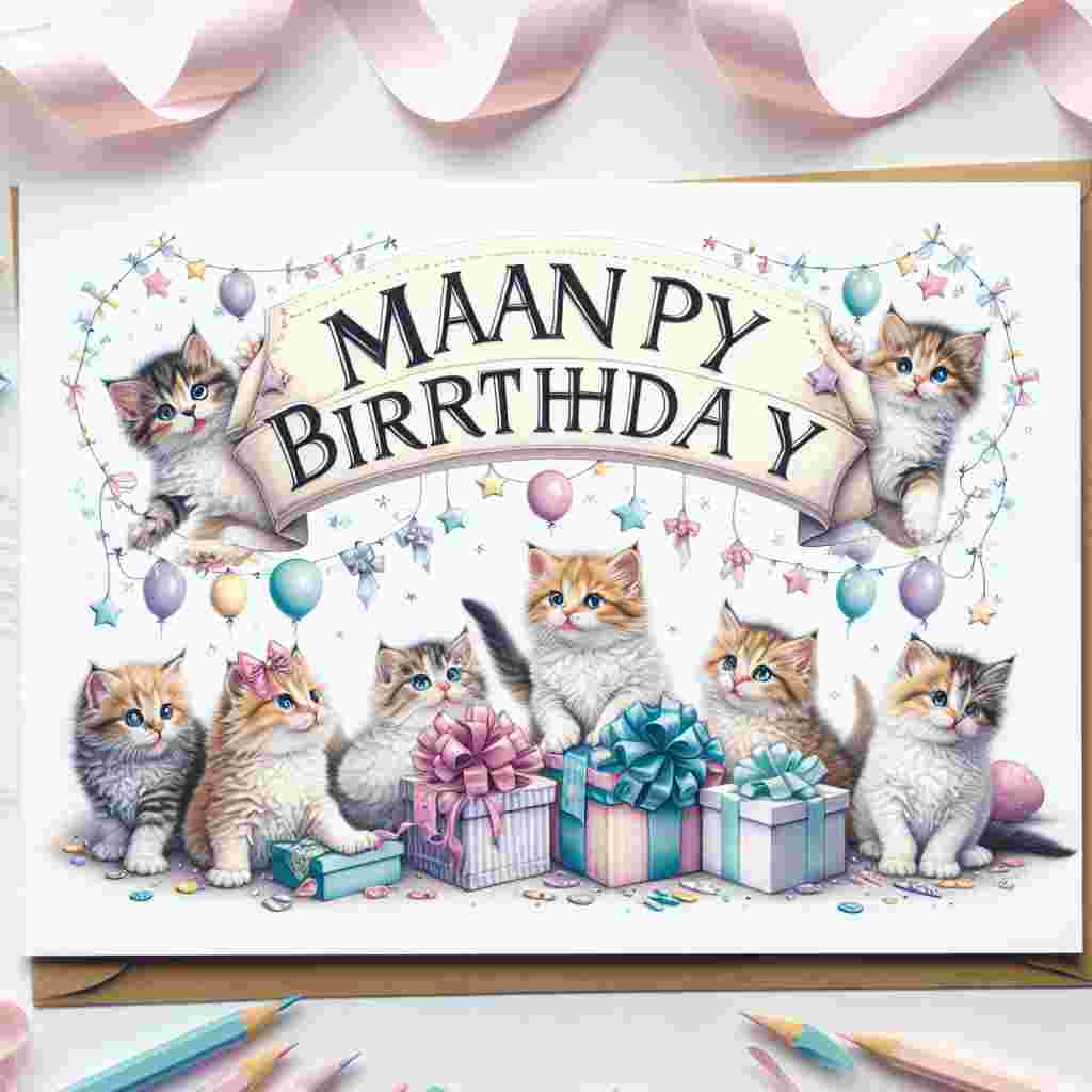 The design features an adorable scene with a group of Manx kittens playing amongst a pile of gift boxes adorned with bows. Above them floats a banner stating 'Manx Birthday Cards', and the center of attraction is a large, whimsical 'Happy Birthday' text surrounded by tiny stars and soft pastel party streamers draping the corners of the card.
Generated with these themes: Manx Birthday Cards.
Made with ❤️ by AI.