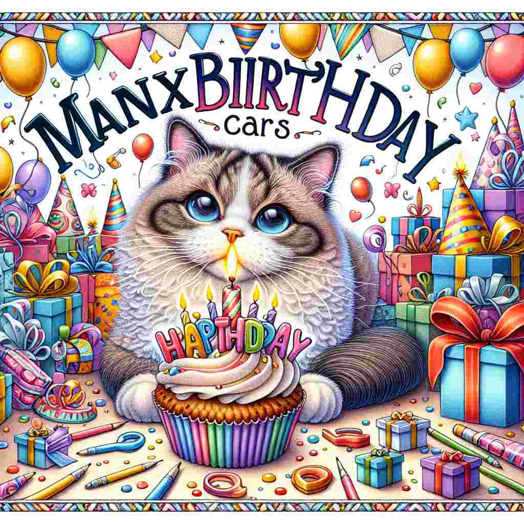 This illustration captures the essence of a birthday party with a cute Manx cat blowing out a candle on a cupcake. The background is dotted with party hats and a variety of presents. The series name 'Manx Birthday Cards' curves gently above the scene, while the phrase 'Happy Birthday' is nestled in the forefront, written in playful, lively font.
Generated with these themes: Manx Birthday Cards.
Made with ❤️ by AI.