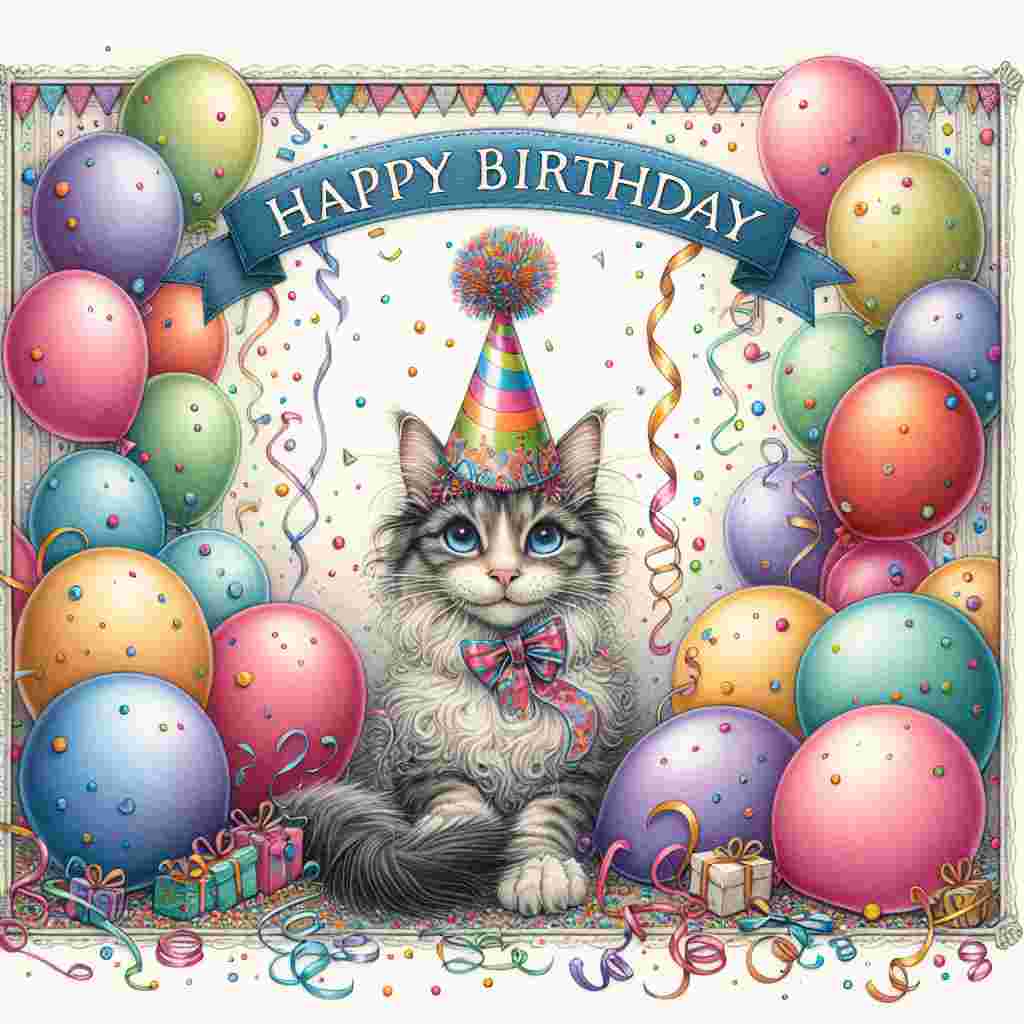A charming illustration showcasing a Manx cat wearing a festive party hat, sitting playfully amidst colorful balloons and confetti. The words 'Manx Birthday Cards' are artistically incorporated into the border of the image, and the scene is joyfully completed with a prominent 'Happy Birthday' banner draped above the cheerful feline.
Generated with these themes: Manx Birthday Cards.
Made with ❤️ by AI.