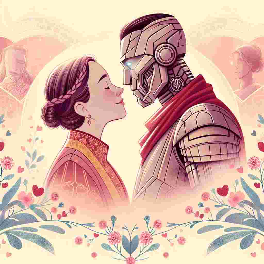 In this heartwarming Valentine's Day-themed illustration, a female superhero with a powerful bionic arm and a male superhero with exceptional martial arts skills are depicted. They engage in a tender embrace, their lips locked in a passionate kiss. They are set in a soft, pastel environment adorned with subtle heart motifs and a fine floral border, evoking feelings of romance and epic love. The illustration exudes warmth and affection, these emotions enhanced by the gentle interplay of light and shadow.
Generated with these themes: misty knight and iron fist superhero kissing.
Made with ❤️ by AI.