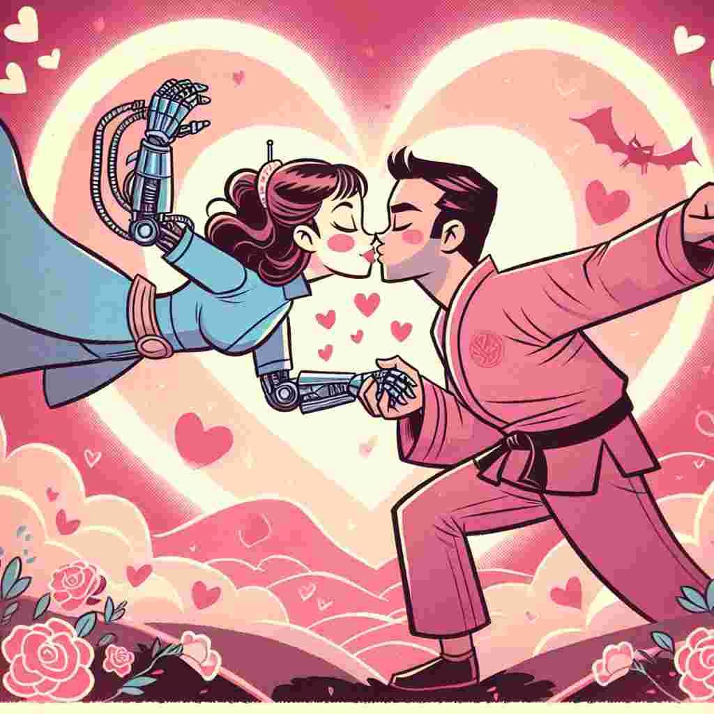 A charming illustration for a special day captures the tender moment as a valiant woman with a mechanical arm and a kung-fu master, both in their iconic superhero outfits, share a sweet kiss. The backdrop radiates love, with rosy hues and hearts fluttering around the pair, who are surrounded by a whimsical landscape that lightly fades into a misty, dreamlike ambiance.
Generated with these themes: misty knight and iron fist superhero kissing.
Made with ❤️ by AI.
