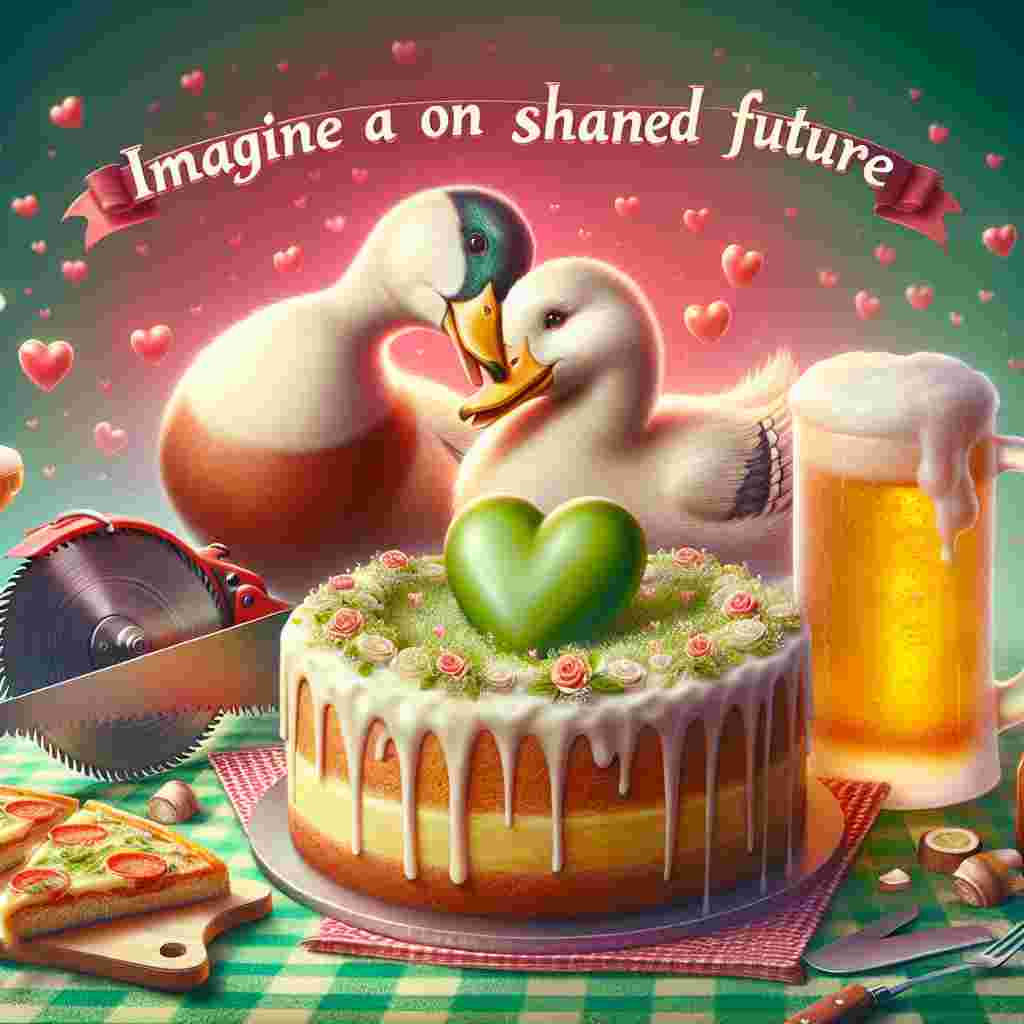 Imagine an enchanting Valentine's Day image featuring a charming duo of ducks. They are encapsulated by a vibrant ambiance that is pulsating with the rhythm of love, almost making the music perceptible. Adjacent to them is a mouth-watering lemon drizzle cake that is adorned with a green heart. Adding a hint of a shared future, a saw is propped against the wall. Completing the depiction, a frosty beer mug and several slices of pizza are placed on a checkered green cloth, symbolizing the joy and ease of shared experiences.
Generated with these themes: Duck, Saw, Rave, Music, Lemon drizzle cake, Beer, Pizza, and Green.
Made with ❤️ by AI.
