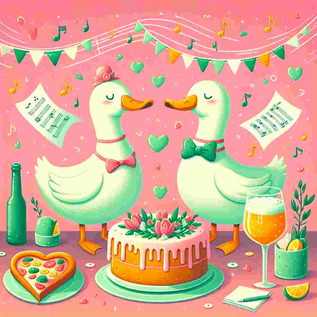 Create a whimsical Valentine's Day illustration. It should feature a pair of love-struck ducks sharing a romantic moment amidst a vibrant party setting. These ducks should be shown gazing into each other’s eyes, subtly hinting at the sweetness of their affection. The background should have music notes floating in the air. Also include a tangy lemon drizzle cake, a frosty beer, and a heart-shaped pizza in the close vicinity to add a casual, comforting vibe. The color green should be prominently featured, from the ducks' bow ties to the icing on the cake, symbolizing the freshness of their love.
Generated with these themes: Duck, Saw, Rave, Music, Lemon drizzle cake, Beer, Pizza, and Green.
Made with ❤️ by AI.