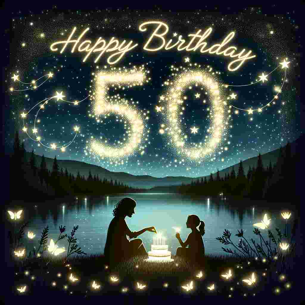 An enchanting night-time setting where glowing fireflies illuminate a 'Happy Birthday' banner in the starry sky. The number '50' dominates the scene, creatively made out of twinkling stars with a silhouette of a mother and daughter sitting on a hill, overlooking a tranquil lake, sharing a birthday cake.
Generated with these themes: 50th   for daughter.
Made with ❤️ by AI.