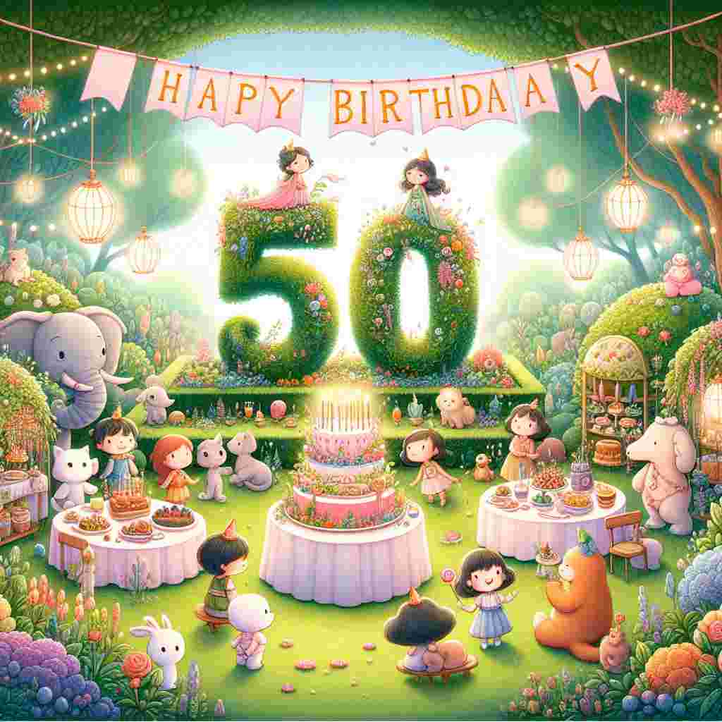 This charming illustration showcases a fairy tale garden party with a banner across the top saying 'Happy Birthday'. The number '50' is cleverly integrated into the garden as a topiary. A cartoon daughter is in the center, surrounded by animals, friends, and a table laden with birthday treats, all bathed in the soft glow of hanging lanterns.
Generated with these themes: 50th   for daughter.
Made with ❤️ by AI.