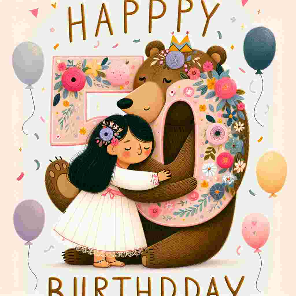 A tender illustration featuring a soft pastel backdrop with a large, whimsical '50' adorned with delicate flowers. In the foreground, a cartoon-style daughter bear hugs her parent bear, symbolizing warmth and family love. 'Happy Birthday' is written in a playful, cursive font above their heads, surrounded by floating balloons and confetti.
Generated with these themes: 50th   for daughter.
Made with ❤️ by AI.