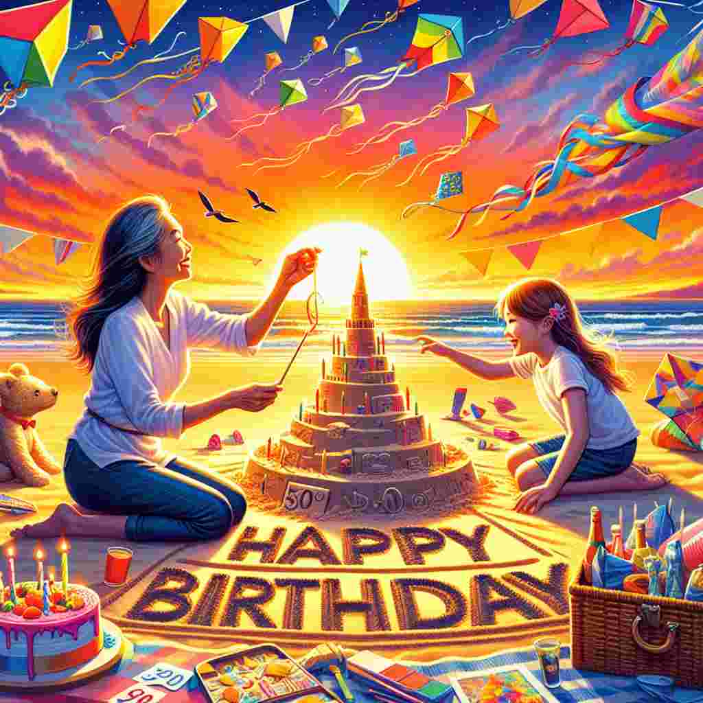 The scene depicts a vibrant sunset at the beach where the 'Happy Birthday' message is inscribed in the sand. A mother-daughter duo is playfully building a sandcastle shaped like the number '50'. The sky is filled with a kaleidoscope of kites, while a picnic setup with birthday decorations adds to the festive mood of the illustration.
Generated with these themes: 50th   for daughter.
Made with ❤️ by AI.