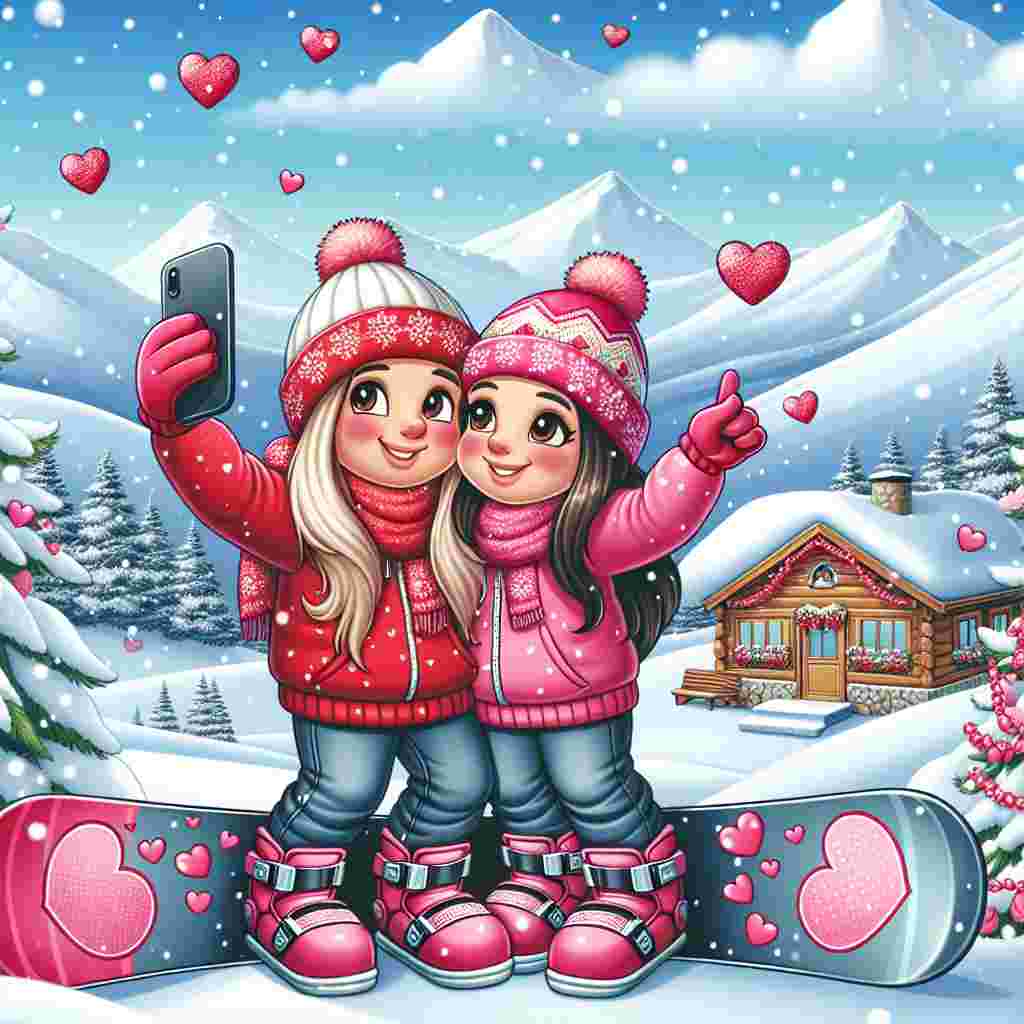 Picture a snowy mountain landscape under a clear blue sky. In the middle of this setting, two cartoon-style snowboarders wearing vivid red and pink winter attire are engaged in a sweet moment, taking a selfie together. The snowflakes falling around them gently form heart shapes, enhancing the romantic atmosphere. Sitting in the background, there's a quaint wooden cabin. It's beautifully decorated with Valentine's Day adornments like heart-shaped garlands, and snowboards embellishing love-inspired designs.
Generated with these themes: Snowboarding.
Made with ❤️ by AI.