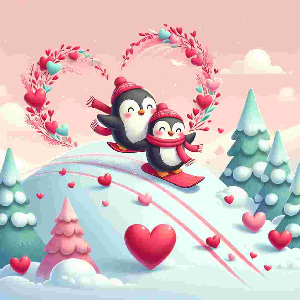 A playful Valentine's Day depiction displaying a pair of charming penguins enjoying a snowboarding ride down a hill shaped like a heart. Trails of red and pink hearts float in the air behind them, creating a romantic ambiance. The snowy surrounding is dotted with trees, each adorned with vivid, heart-shaped foliage. The sky above presents soft pastel shades, further enhancing the sentimental setting.
Generated with these themes: Snowboarding.
Made with ❤️ by AI.