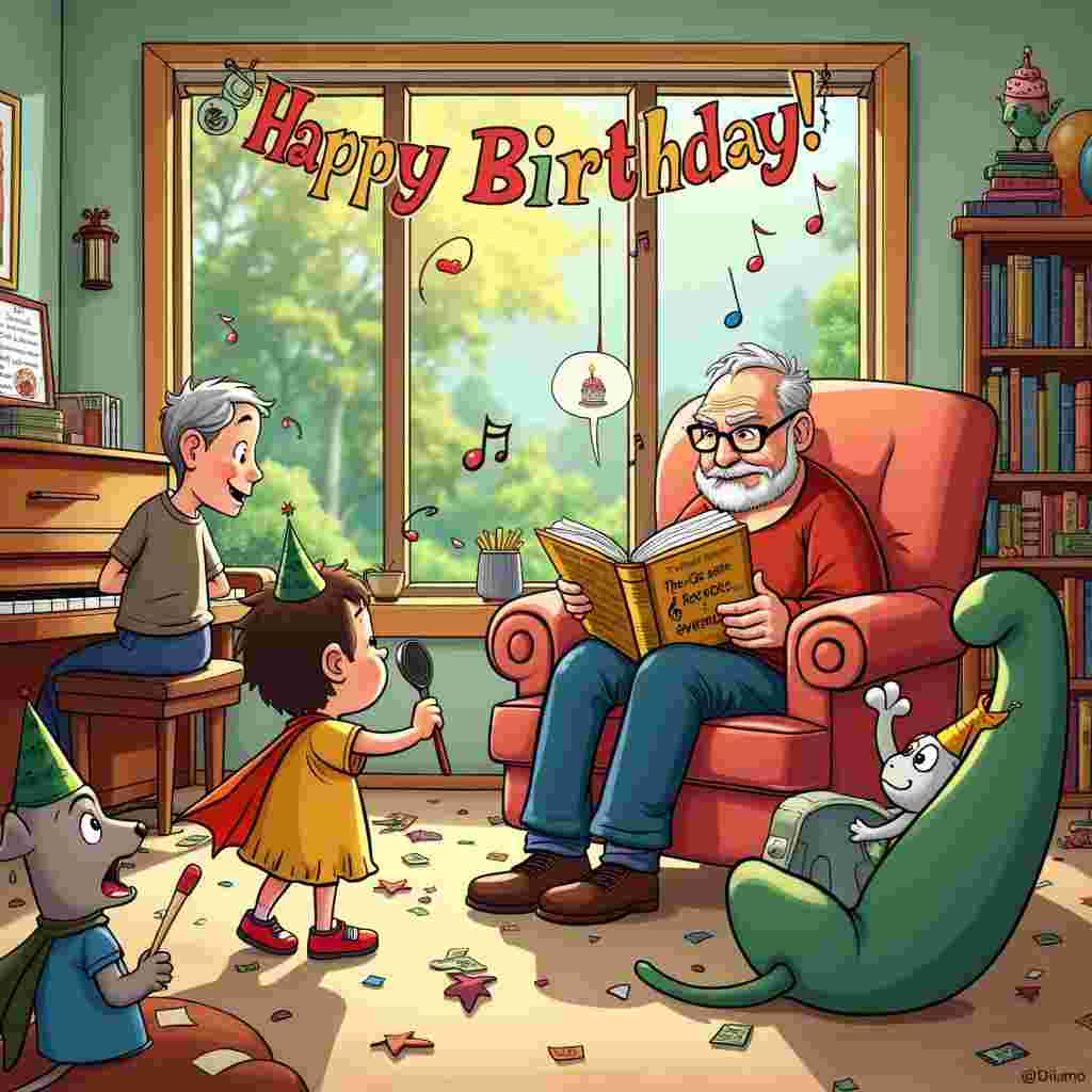 In the whimsical world of this birthday card, we dive into a cozy family living room that brims with delightful chaos and joy. The scene is set in a charmingly cluttered, mid-century modern room with a large bay window showcasing a sunlit, vibrant garden outside. A whimsical blend of influences from Schulz, Watterson, and Eisner can be felt.

In the center of the room, a grandfather with thick-rimmed glasses, reminiscent of Carl Fredricksen from Pixar’s "Up," sits in a plush, overstuffed armchair. He's lost in a large, illustrated book titled “The Great Birthday Adventure.” Perched on the arm of his chair, a cat with an inquisitive expression peeks over the pages, clearly interested in the story. 

To the left, a plump, cheerful grandmother is seated at a piano that is decorated with birthday streamers and balloons. She’s playing a lively birthday tune, and musical notes float whimsically above her head, drawn in an exaggerated, cartoonish style, with some notes wearing tiny party hats and others dancing in mid-air.

On the floor in front of the piano, a young girl in a bright yellow dress is singing into a hairbrush, her eyes closed, and one foot raised in dramatic flair. Beside her, a mischievous little boy in a superhero costume (cape included) is rhythmically banging on a toy drum, adding a comedic twist to the musical ensemble.

In the background, near the bookshelf, an older sibling with a comic-book T-shirt sits on a bean bag chair. He’s absorbed in a graphic novel, possibly an homage to "Tintin," with a stack of similar books next to him. Above the bookshelf, a colorful banner reads “Happy Birthday!” in big, bold letters, with each letter adorned with tiny illustrations of birthday cakes, candles, and confetti.

To the right, a family dog wearing a party hat is joyfully chasing its tail, while a parrot on a stand squawks “Happy Birthday!” in a speech bubble above its head.

In the foreground, a coffee table is laden with an assortment of birthday goodies: a three-tiered cake with whimsical decorations, a pitcher of lemonade with quirky, twisty straws, and a bowl of popcorn spilling over onto the floor.

Each character and element in the scene contributes to a lively, birthday celebration, intertwined with the themes of reading, family, and music. The eclectic mix of items and characters invites viewers to linger and explore the details, making it a truly special birthday greeting.
Generated with these themes: Reading, Family, and Music.
Made with ❤️ by AI.