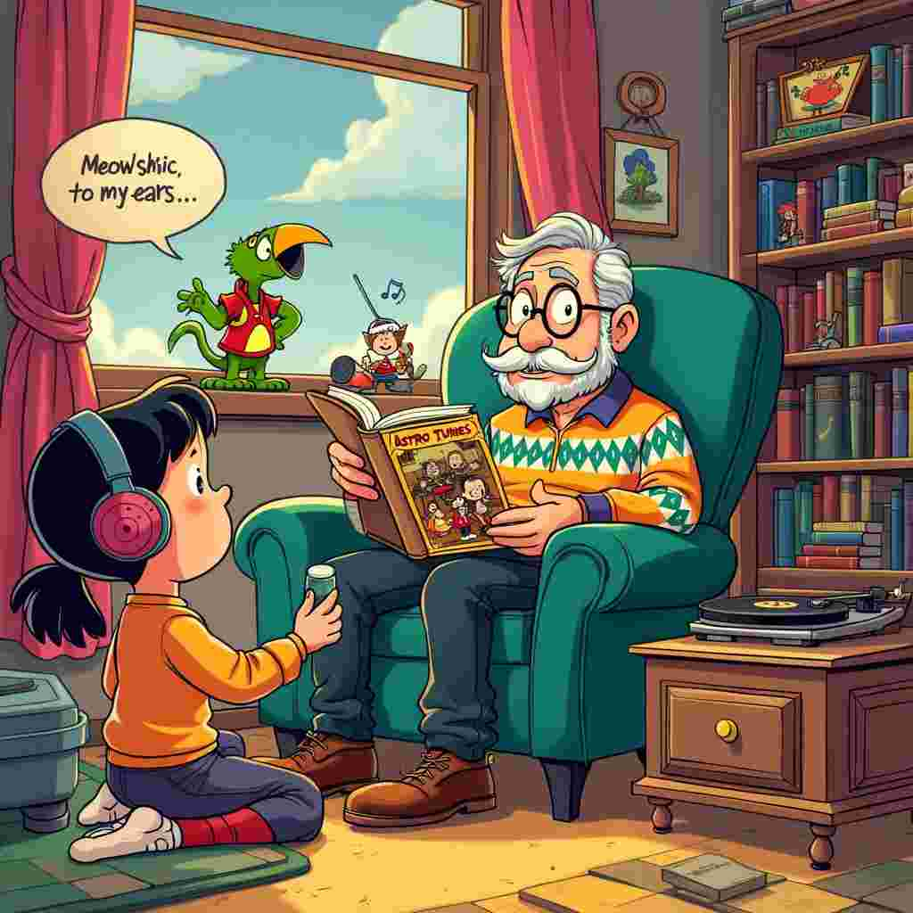 The scene unfolds in a vibrant and whimsical living room, bursting with color and packed with quirky details, as if Walt Disney himself sprinkled a bit of magic. At the center, a large, comfy armchair stands proudly, occupied by a grandfather engrossed in reading a comic book titled "Astro Tunes". He's an older, slightly rotund gentleman with twinkling eyes behind thick-rimmed glasses, wearing a Peanuts-themed sweater. A thought bubble above his head shows a musical note and a question mark, indicating he's puzzled over a tune.

Next to him, a little girl, reminiscent of Calvin from Calvin and Hobbes but with pigtails and a mischievous smile, holds up a family photo album. She's sitting cross-legged on the floor, dressed in bright, mismatched clothes that scream youthful energy. The album is open to a page showing various family members playing different musical instruments – mom with a violin, dad with a guitar, and a younger brother banging on a set of drums, all drawn in a style that nods to Bill Watterson's expressive characters.

In the background, a bookshelf overflows with a mix of graphic novels, manga (including a prominent Astro Boy), and classic literature, paying homage to Osamu Tezuka and Art Spiegelman. Perched atop the bookshelf, a whimsical parrot wearing headphones bops along to invisible tunes, clearly inspired by Gary Larson's playful humor from The Far Side.

A record player in the corner spins a vinyl labeled "Family Hits," and a speech bubble emanates from it with musical notes dancing out, reminiscent of Winsor McCay's dreamy surrealism. On the wall, a framed poster of Tintin and Snowy, styled after Hergé's crisp line work, hangs proudly.

Lastly, in true R. Crumb fashion, a slightly disheveled cat lounges on a windowsill, tail flicking lazily, with a speech bubble that says, "Meow-sic to my ears!"

This scene is a kaleidoscope of quirky, endearing details, each element telling a story that intertwines reading, family, and music in a playful, visually engaging manner.
Generated with these themes: Reading, Family, and Music.
Made with ❤️ by AI.