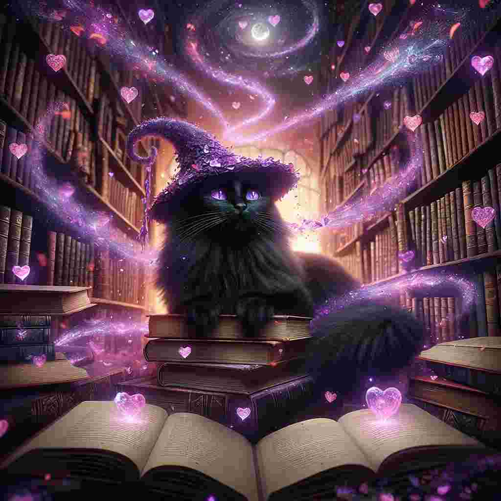 Visualize an ethereal library with a black fluffy cat lounging in a bewitching aura. The cat prominently sports a lively purple hat that undulates with mystical energy. The environment is splashed with books, filled with knowledge and romance, which defy gravity and circle around the cat. Some books are open, their pages transforming into heart shapes that rhythmically float around. The entire scene is immersed in warm lighting, imbuing a subtle purple glow that elevates the enchanting mood fitting for Valentine's Day. This surreal vision brings together reality and fantasy, embodying love in a spellbinding way.
Generated with these themes: Black fluffy cat, Purple hat , and Books .
Made with ❤️ by AI.