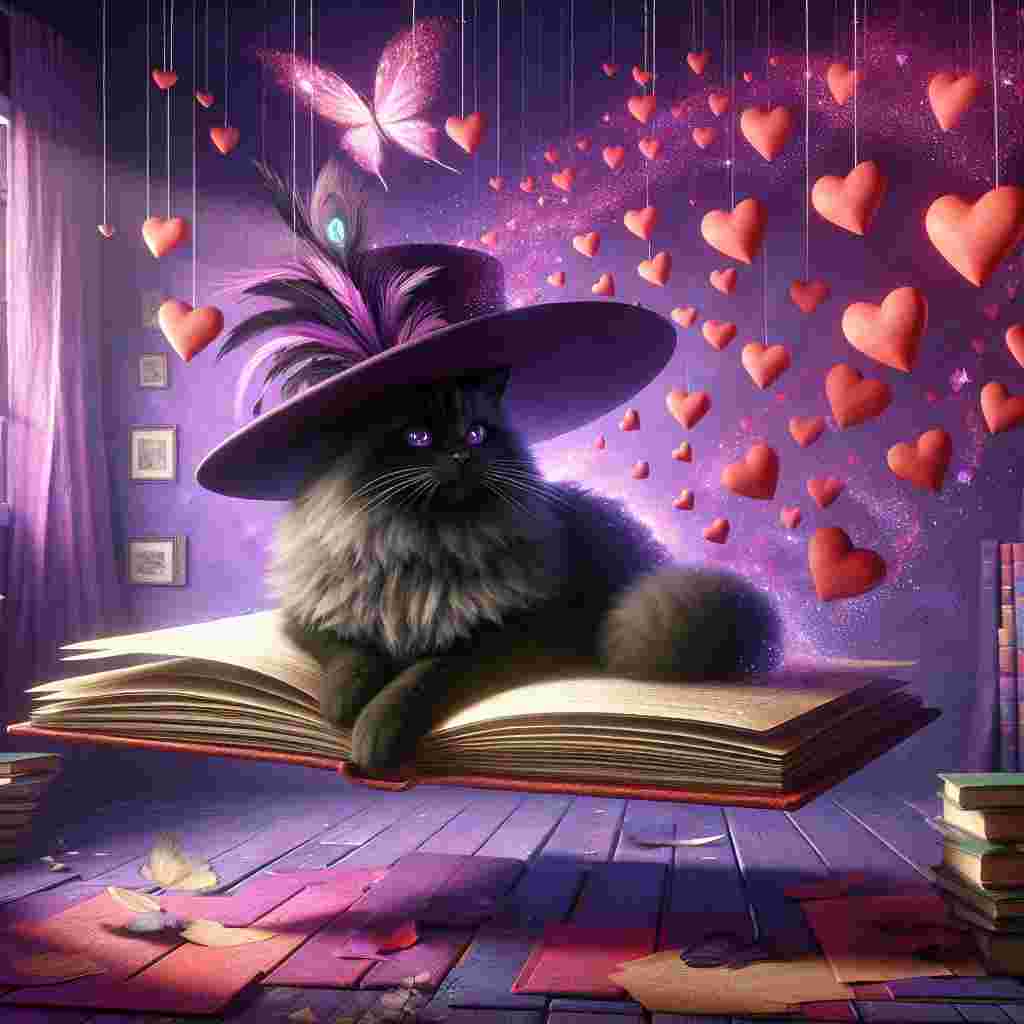 Imagine a fantastical illustration projecting a whimsical vibe, where a fluffy black cat is the main attraction. This cat is adorned in an oversized, purple hat with an eccentric feather, and is found lounging on a floating, rotational stack of books bound in colours suggesting a romantic genre. The room appears dreamlike, showcasing defiance of gravitational laws. Floating around this key character are glowing hearts emitting a gentle illumination on fluttering pages of the open books, resembling butterflies in ascend. The scene is painted with a rich palette of purples and reds, proposing an intimate, yet surreal atmosphere for a Valentine's Day theme.
Generated with these themes: Black fluffy cat, Purple hat , and Books .
Made with ❤️ by AI.