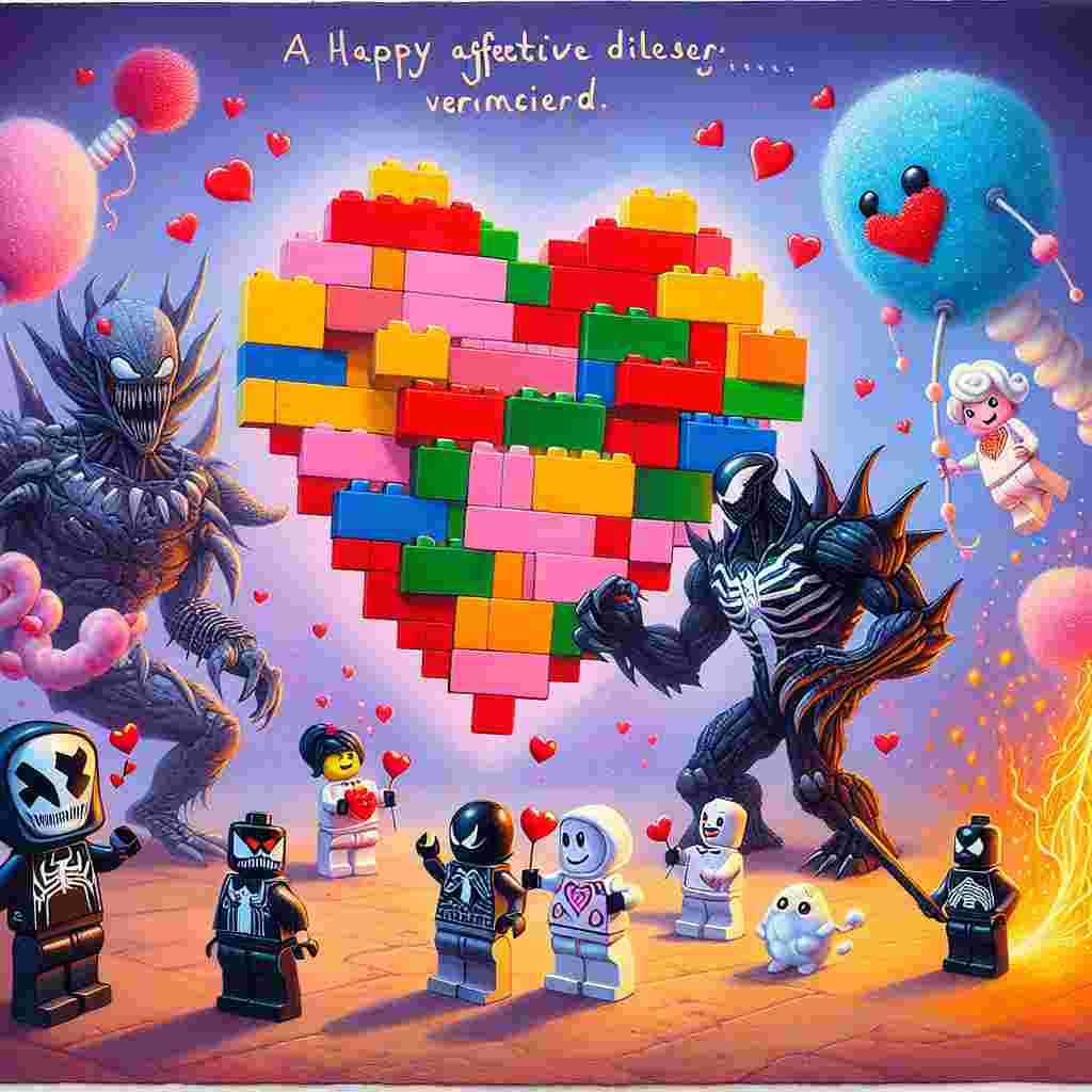 In a whimsical, affectionate dimension, a colossal greeting card made of multicolored blocks resembling Lego bricks stands at the heart of the scene. It's accompanied by a pair of mysterious, black-armored characters and white-armored soldiers joyfully tossing heart-shaped toppings onto a giant pizza. A generic female pop star's caricature floats above the scene, singing sweet songs from a cotton candy cloud. Two adorable electric-creature companions perform a lively dance below, dusting the surroundings with sparks of love. A powerful grim creature, not unlike a symbiote, presents a bouquet of radiant plasma flowers, its fearsome grin softened by the warmth of the moment. The whole setting is an enjoyable blend of familiar characters and extraordinary romance.
Generated with these themes: Lego, Star wars, Pizza, Taylor swift , Venom, and Pokemon.
Made with ❤️ by AI.