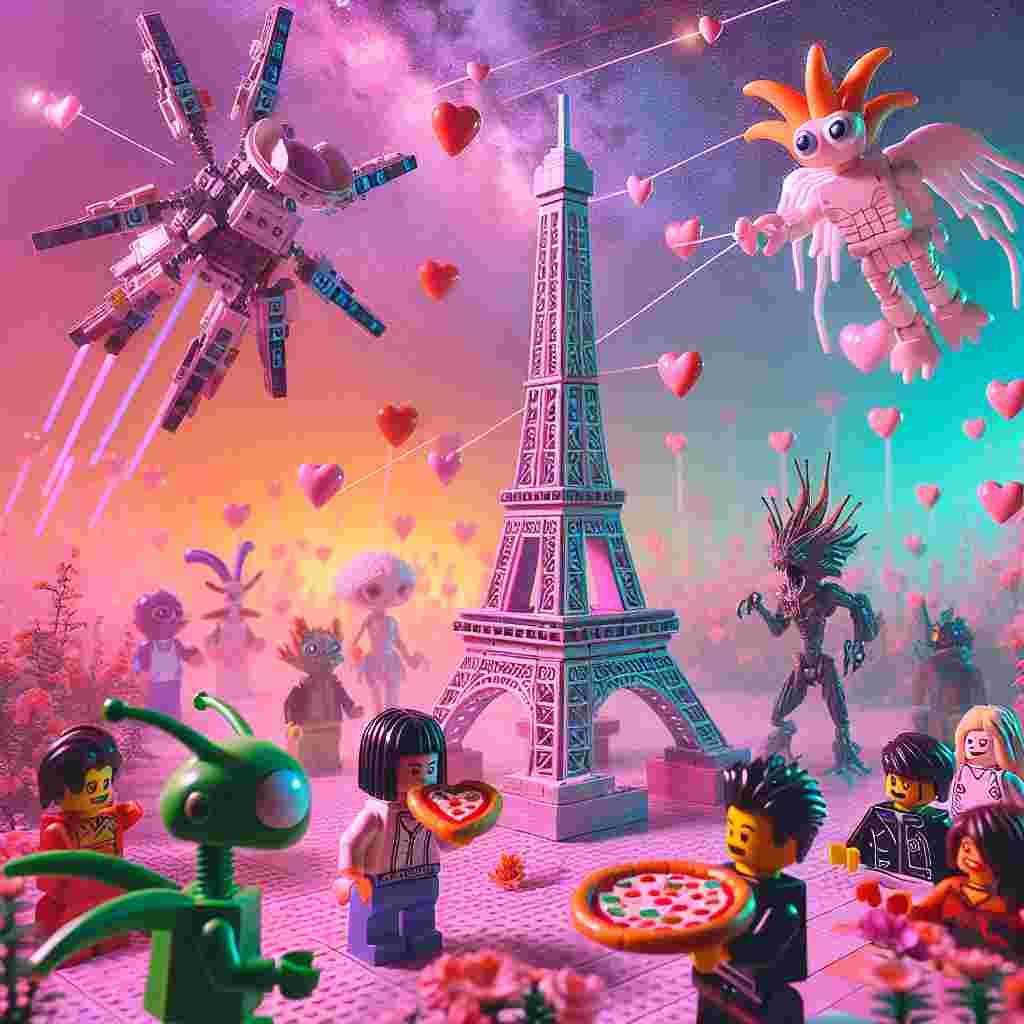 A whimsical dreamscape unfolds. Reality blurs at the edges as a plastic construction block model of the Eiffel Tower gleams in the center, bathed in the glow of a pastel sky splashed with hues of affection. Brick-built characters resembling those from a popular space fantasy franchise share a heart-shaped pizza, their camaraderie giving a nod to interstellar friendships. A female pop star figure sings love ballads, her soundwaves synchronizing with the hum of imaginary energy swords. An alien-like creature with extended tendrils forms a quirky embodiment of cupid, aiming at unsuspecting creatures inspired by a popular monster-collecting franchise that freely roam the landscape, all of them adorned with tiny, radiant hearts. The landscape is a charming chaos, on par with a surreal feast of love.
Generated with these themes: Lego, Star wars, Pizza, Taylor swift , Venom, and Pokemon.
Made with ❤️ by AI.