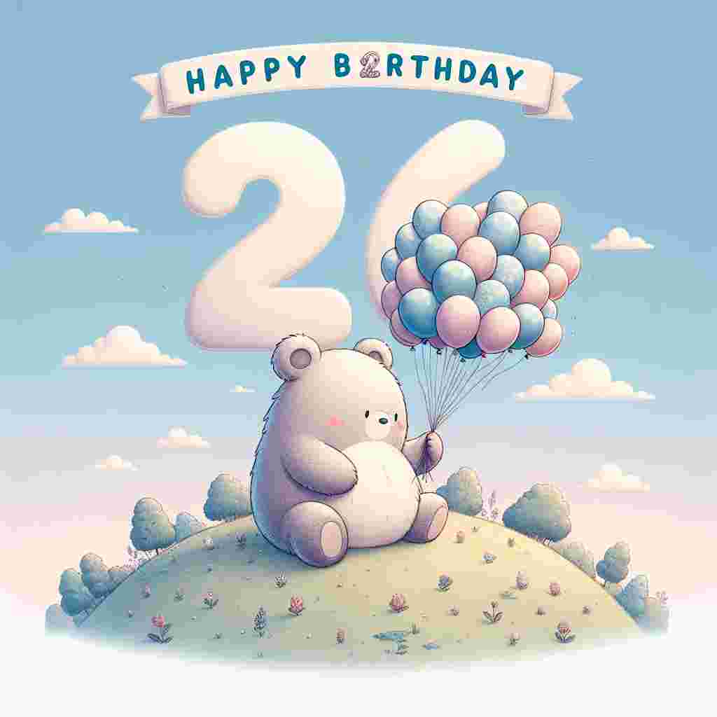 A charming birthday card illustration showcasing a pudgy cartoon bear holding a bunch of balloons, with '26th' playfully incorporated into the balloon designs. The bear sits atop a gently sloping hill with a soft blue sky in the background. The words 'Happy Birthday' are written in a whimsical font, arched above the friendly scene.
Generated with these themes: 26th  .
Made with ❤️ by AI.