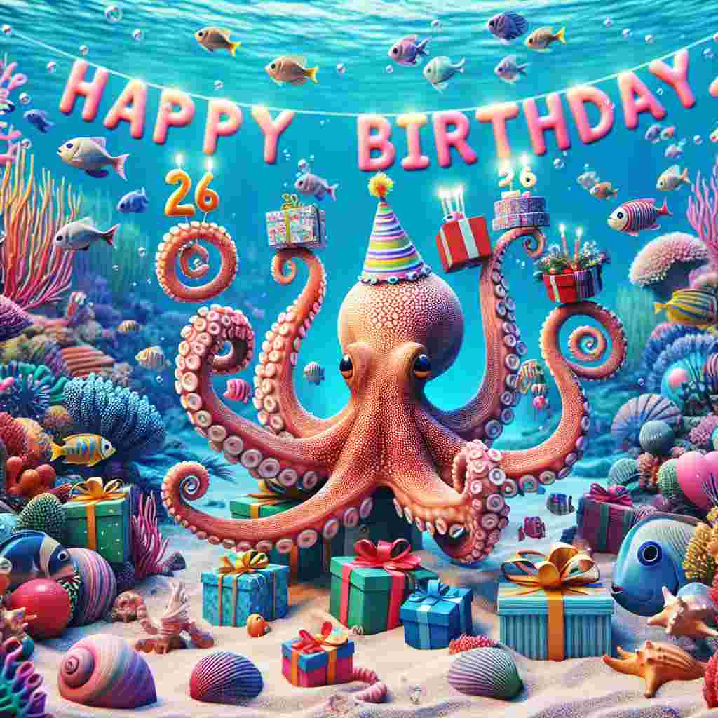 A whimsical underwater setting with a cheerful octopus wearing a party hat, each of its eight arms holding gifts and party favors, subtly integrating the number '26th' into the shells and coral. A school of fish form the greeting 'Happy Birthday' in a floating banner across the watery backdrop.
Generated with these themes: 26th  .
Made with ❤️ by AI.