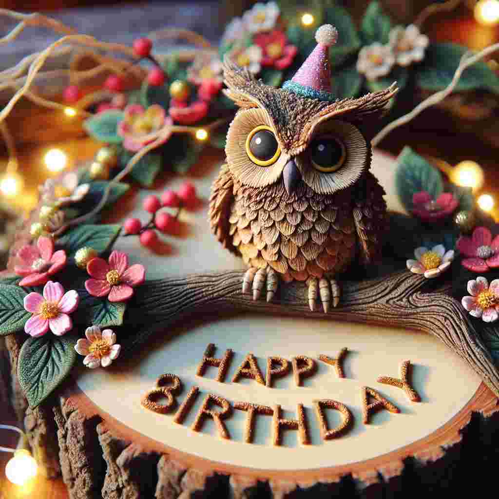 An enchanting scene with a cute owl perched atop a branch, wearing a party hat and surrounded by a festoon of lights and flowers, all arranged to highlight the '26th' celebration. The phrase 'Happy Birthday' is etched into the tree trunk, giving the image a natural, organic feel.
Generated with these themes: 26th  .
Made with ❤️ by AI.