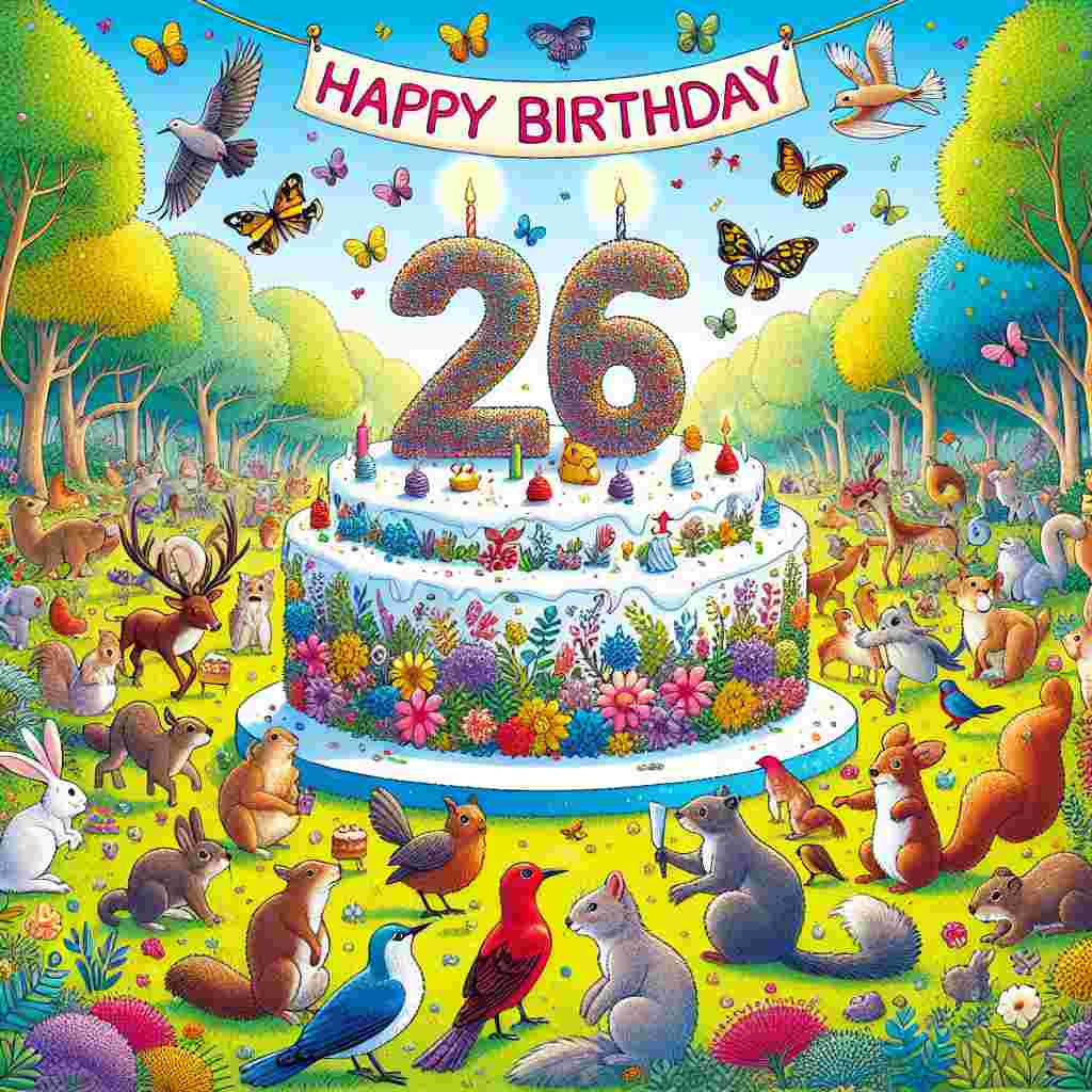 A delightful illustration of a group of animals gathered around a large birthday cake adorned with the number '26th' in vibrant icing. A banner flies above the scene, bearing the message 'Happy Birthday' in bold letters, with the party taking place in a colorful forest clearing.
Generated with these themes: 26th  .
Made with ❤️ by AI.