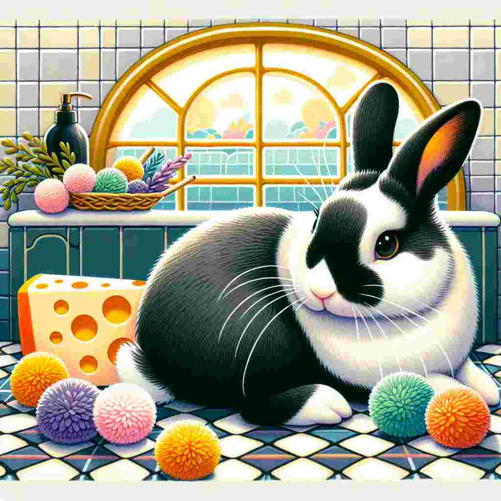 An adorable illustration featuring a Dutch rabbit with a sleek black and white coat. The rabbit is sitting on a bathroom floor tiled in a retro style, with colorful pom poms around, as if celebrating a festive event. A fairytale-like arch window is casting a golden light on the scene. There are also cheese wedges and sprigs of herbs placed artistically across the image. This lively scene with the cute rabbit, pom poms, cheese and herbs are combined to form a playful and heartfelt expression of gratitude.
Generated with these themes: Black and white Dutch rabbit, Colourful pom poms, Bathroom tiles , Arch window, Cheese, and Herbs.
Made with ❤️ by AI.