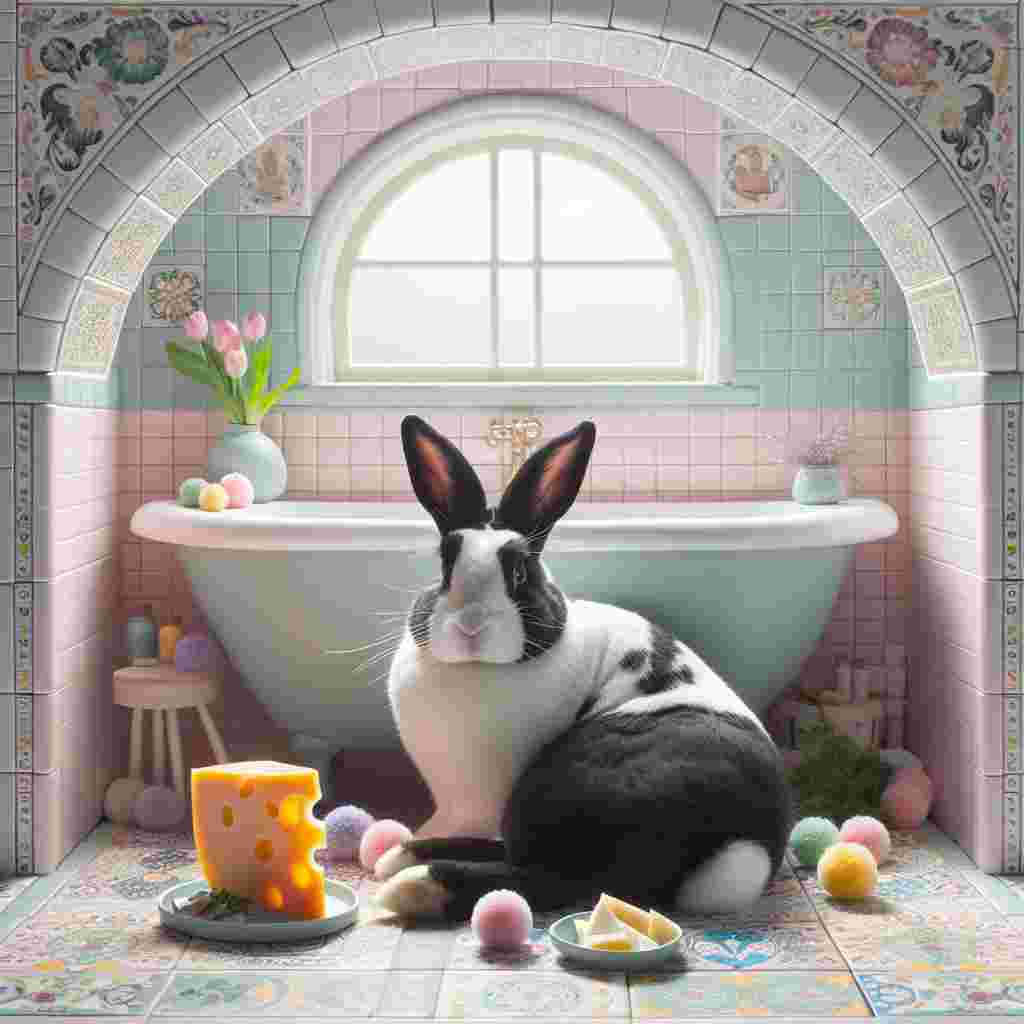 Create an image of a charming black and white Dutch rabbit comfortably seated in the middle of a quirky bathroom. The room has an arch window that filters soft, tranquil light into space. Around the rabbit are colorful pom poms playfully strewn across pastel bathroom tiles featuring an intricate mosaic design, enhancing the whimsical atmosphere of the scene. Subtly placed within the composition are pieces of cheese and various herbs, possibly part of a simple gratitude feast or utilized as unique decorations that echo the rabbit's tranquility and the room's snug ambiance.
Generated with these themes: Black and white Dutch rabbit, Colourful pom poms, Bathroom tiles , Arch window, Cheese, and Herbs.
Made with ❤️ by AI.
