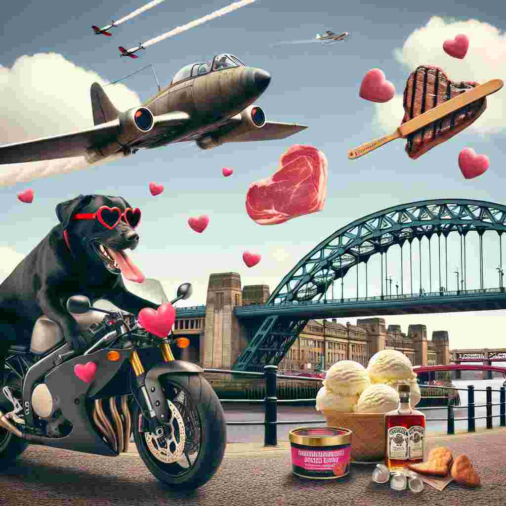 A playful Valentine's Day scene with a jovial black Labrador wearing heart-shaped sunglasses, starting up a modern sports motorbike under the historic Tyne Bridge. An aircraft from an imaginary distant galaxy sweeps the sky above, trailing a banner with pictures of whiskey bottles and heart-shaped steaks, humorously exaggerating the adventurous spirit of love. To complete the scene, scoops of vanilla ice cream fall like snowflakes, promising a sweet and frosty layer to the comedic setup.
Generated with these themes: Black Labrador riding sports motorbike, Tyne bridge, X wing, Whiskey, Heart shaped steak, Vanilla ice cream, and Snow.
Made with ❤️ by AI.