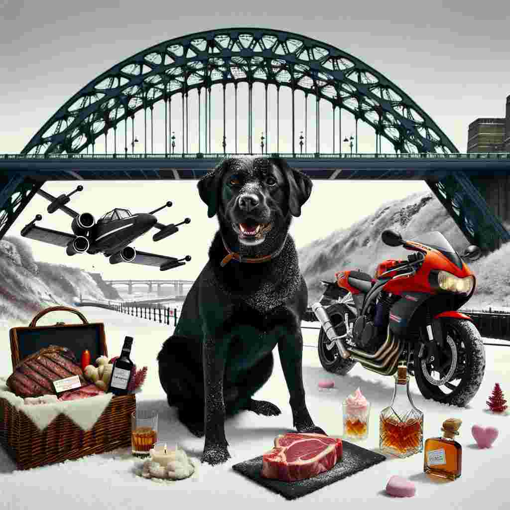 Craft the sight of a spirited Valentine's Day tableau. Envision a playful black Labrador showing a roguish grin while piloting a vibrant red sports motorbike across a stark white, snow-filled landscape. The imposing structure of the Tyne Bridge, standing majestically in the background. An unplanned escort comes in the form of an X-wing airplane, uniquely equipped with baskets brimming with heart-shaped steaks and flasks filled with whiskey. A poetic finale accentuates the scene with flurries of unusual vanilla ice cream snowflakes falling gently, adding a whimsical twist to the panorama that elicits a warmth in the heart contrasted by the frosty ambiance.
Generated with these themes: Black Labrador riding sports motorbike, Tyne bridge, X wing, Whiskey, Heart shaped steak, Vanilla ice cream, and Snow.
Made with ❤️ by AI.